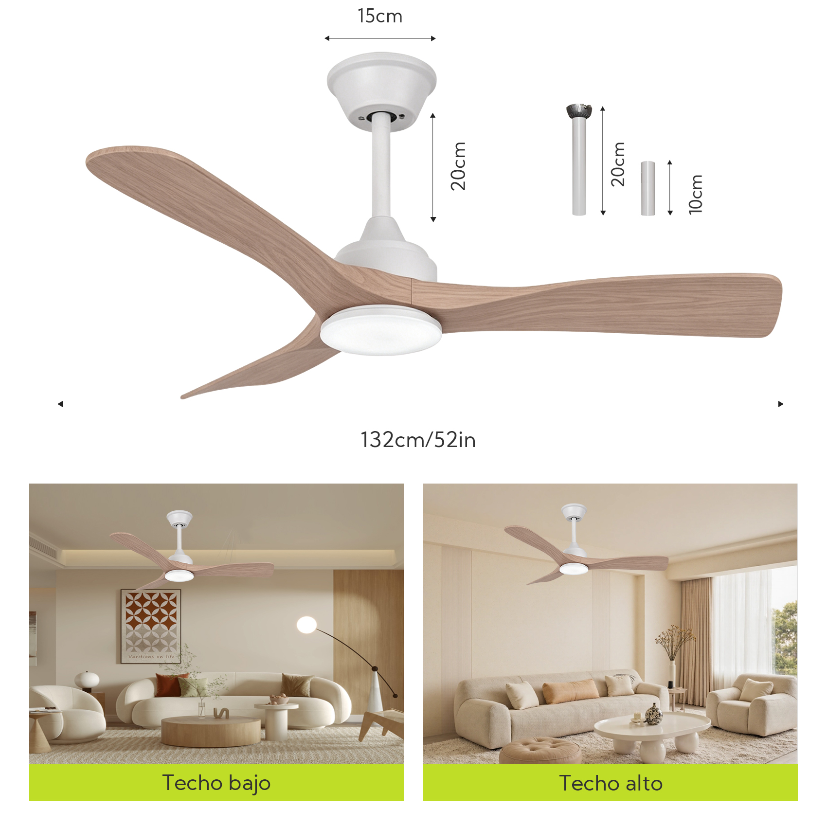 Ventilador de techo con aspas de madera y luz LED, dimensiones mostradas.