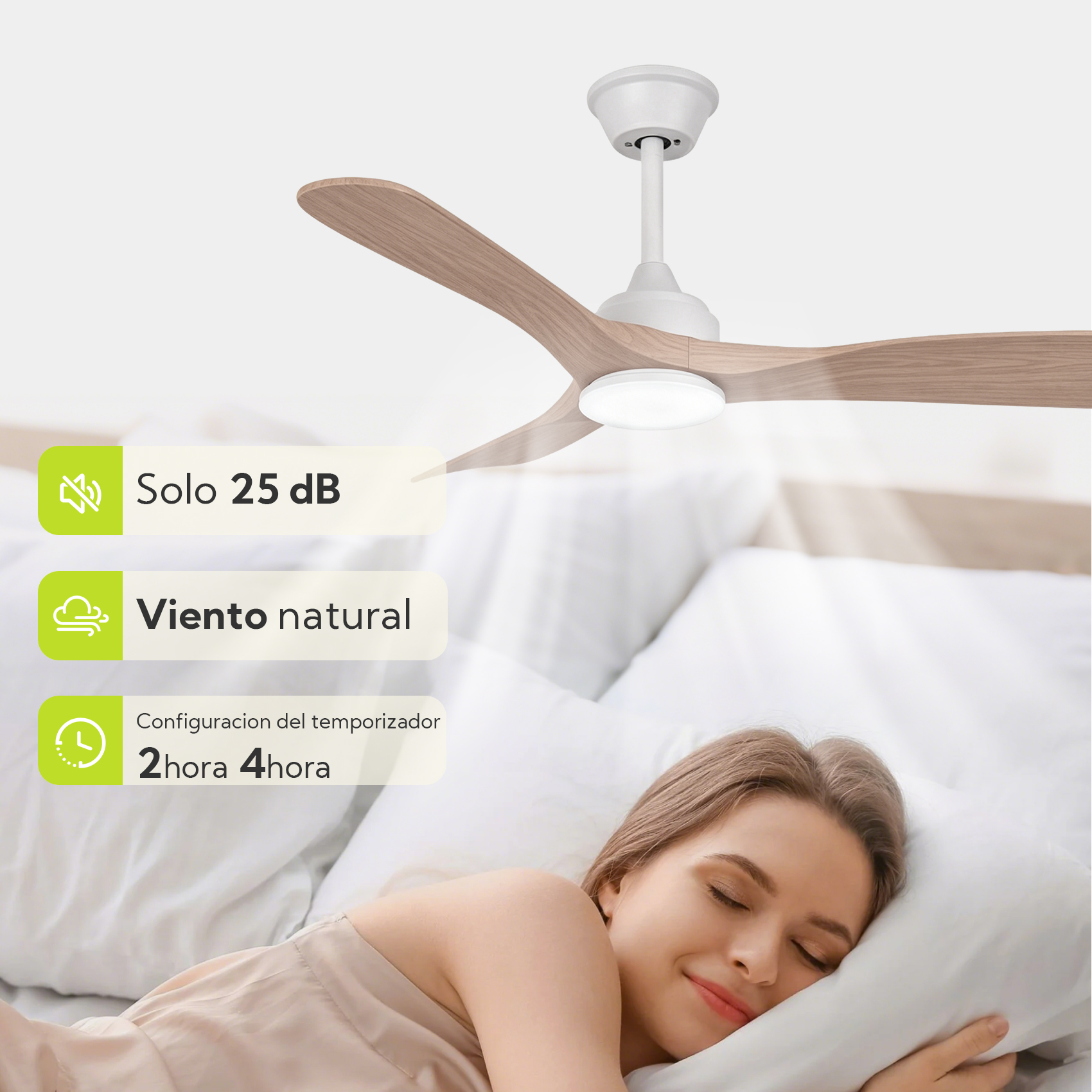 Ventilador de techo con aspas de madera y luz sobre una mujer durmiendo.