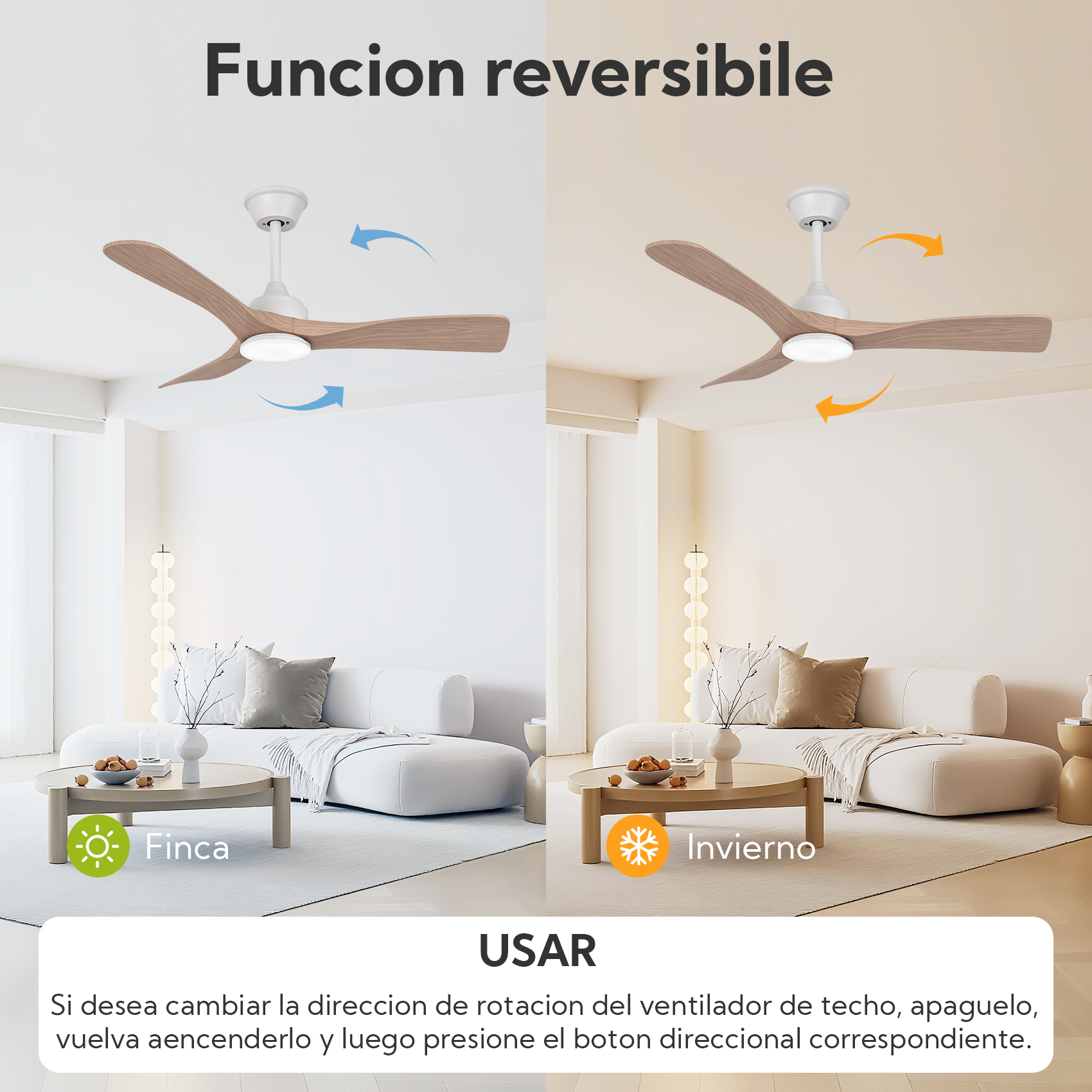 Ventilador de techo con aspas de madera mostrando modos verano e invierno con flechas.