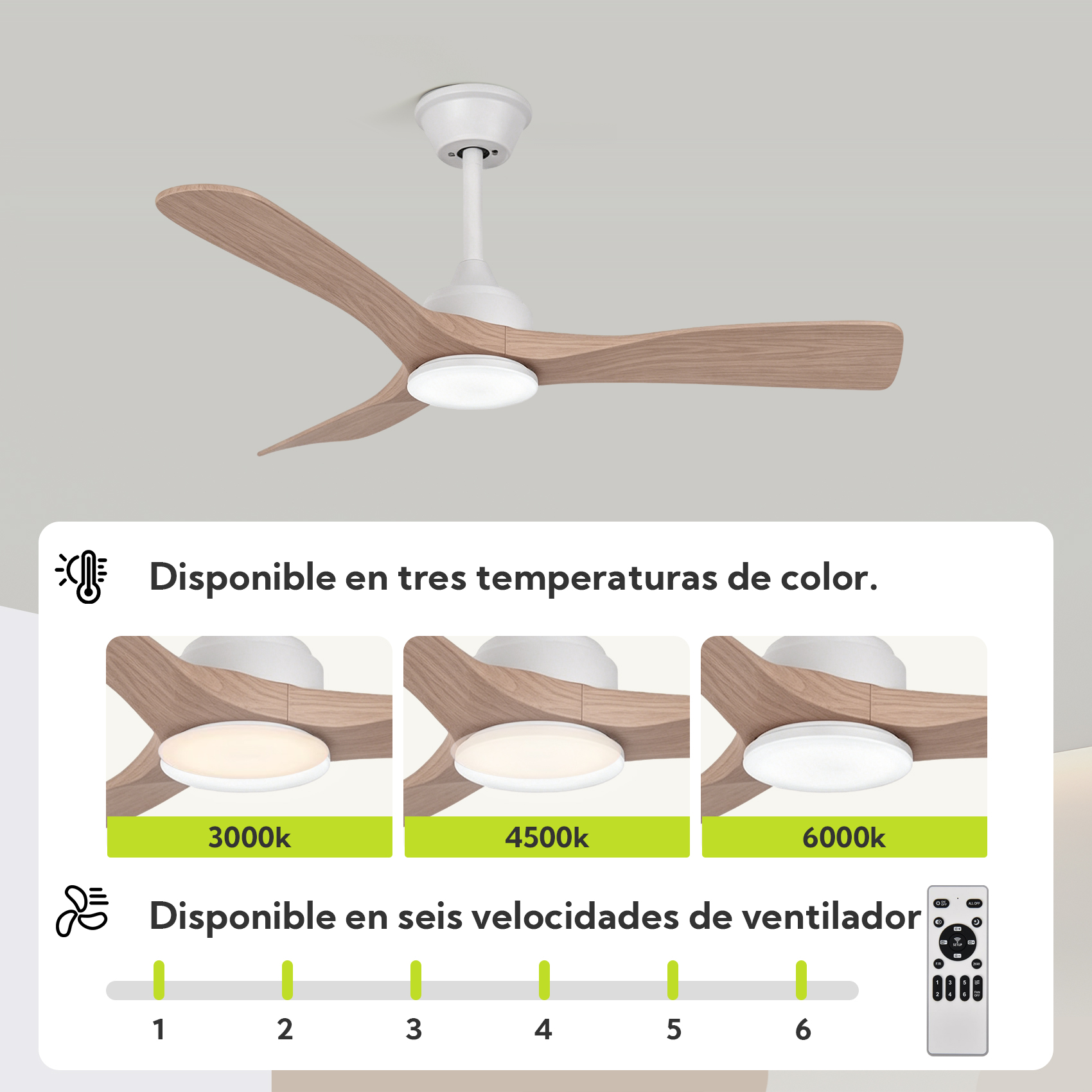 Ventilador de techo con aspas de madera y luz LED, muestra 3 temperaturas de color y 6 velocidades.
