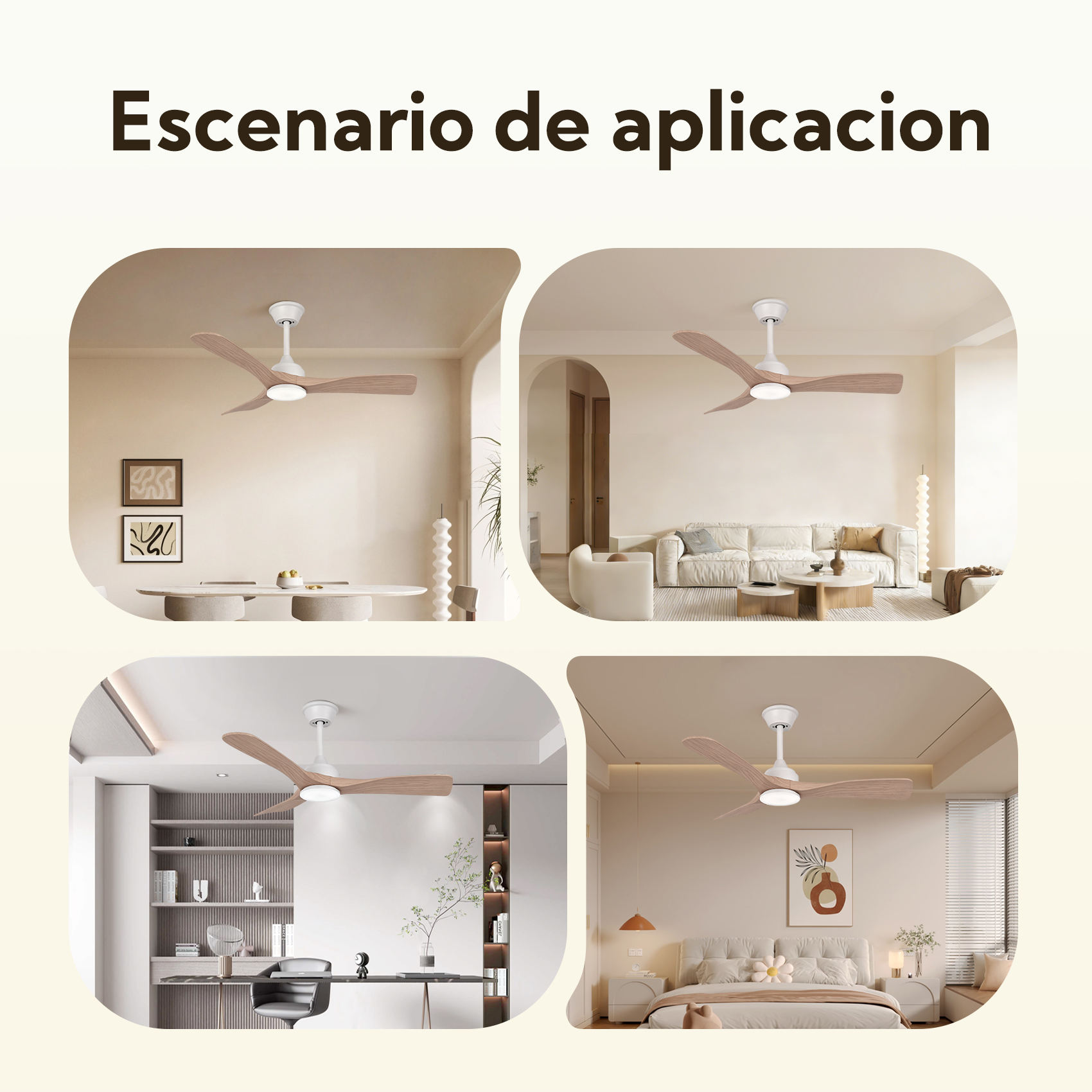 Ventilador de techo con aspas de madera en cuatro estancias distintas.