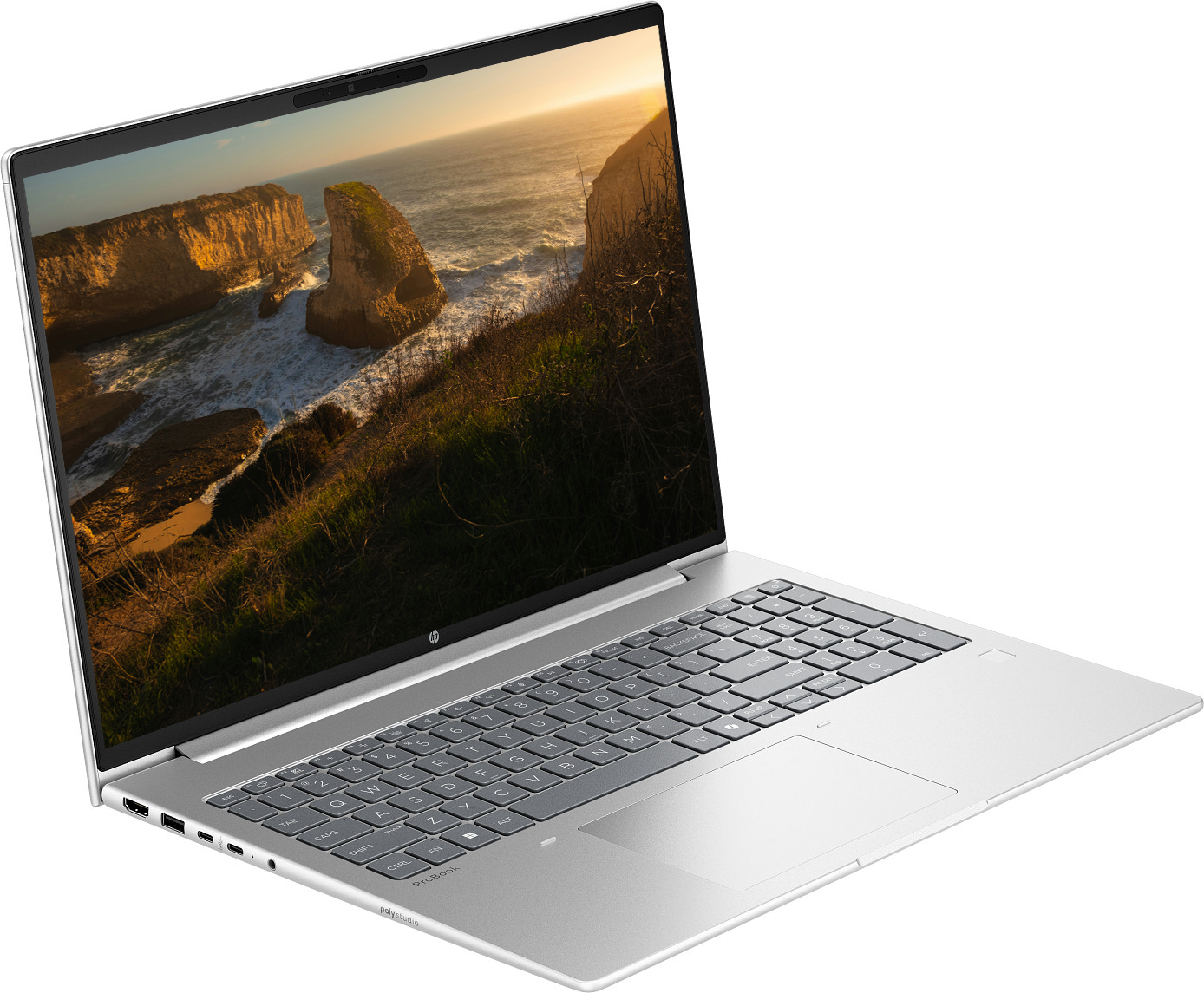 Açık gümüş renkli HP ProBook dizüstü bilgisayar, ekranında manzaralı okyanus kayalığı görüntüsü.