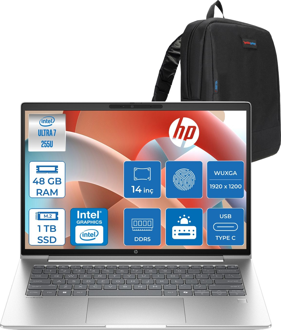 HP ProBook 4 G1I Intel Grafik GPU 1920X1200 D21PDETF18 Intel Core Ultra 7 255U 48 GB RAM 1 TB SSD 14 inç FreeDOS Laptop+Çanta Siyah