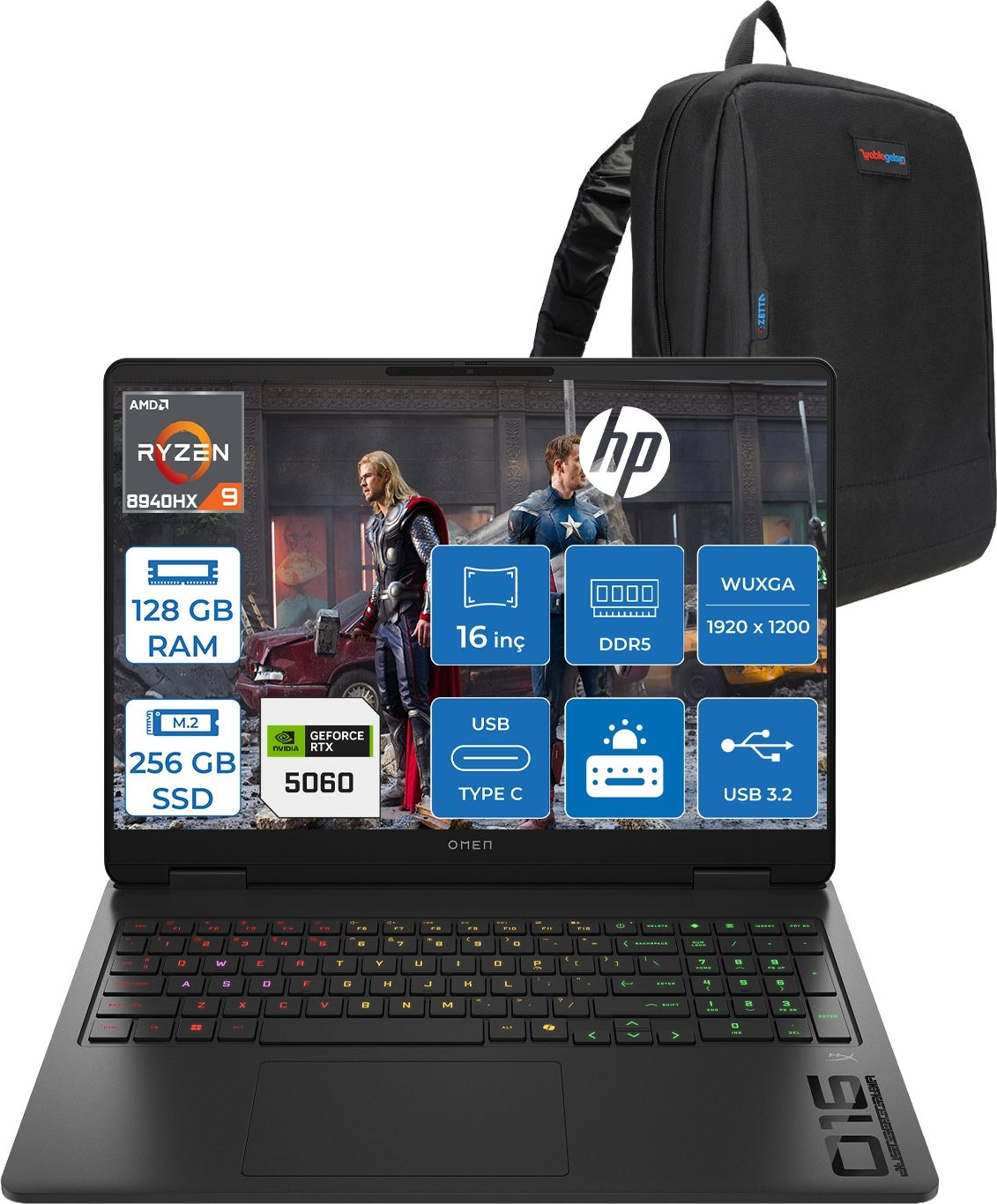 HP Omen 16-AP0029NT RTX5060 2K 144Hz C3YN8EAF36 AMD Ryzen 9 8940HX 128 GB RAM 256 GB SSD 16 inç FreeDOS Laptop+Çanta Siyah