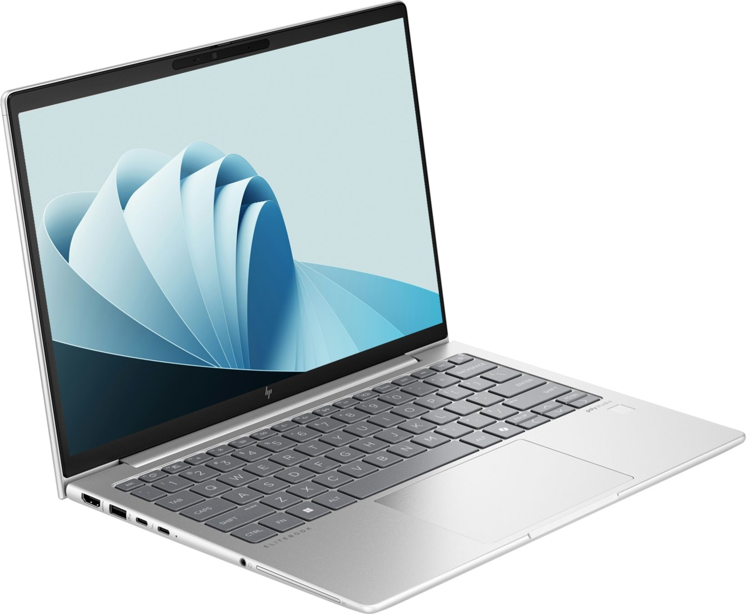Gümüş HP Elitebook dizüstü bilgisayar açık, ekranda soyut mavi duvar kağıdı.