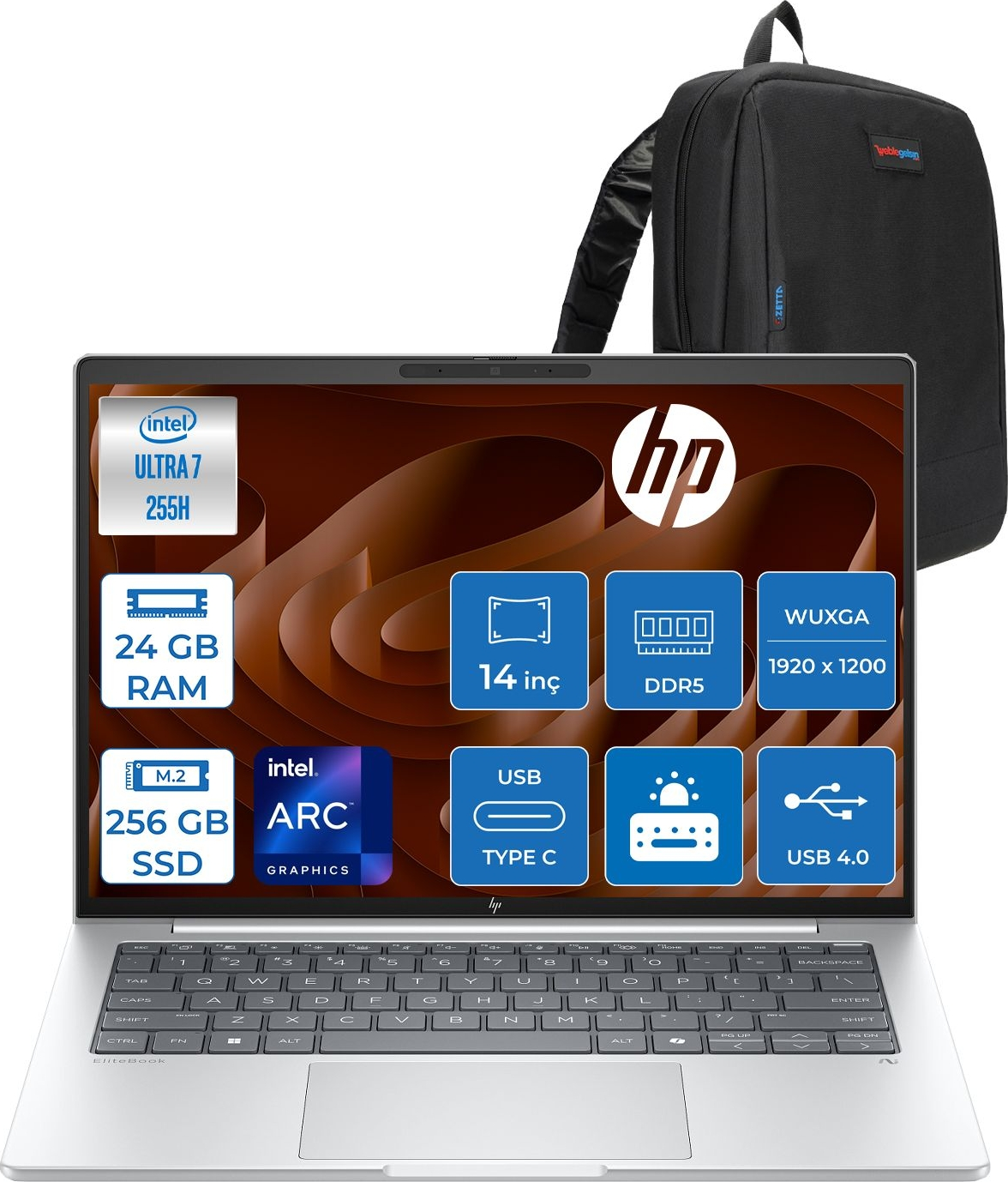 HP EliteBook 8G1I DDR5 GPU WUXGA IPS 300NIT AD3S5ETF06 Intel Core Ultra 7 255H 24 GB RAM 256 GB SSD 14 inç FreeDOS Laptop+Çanta Siyah