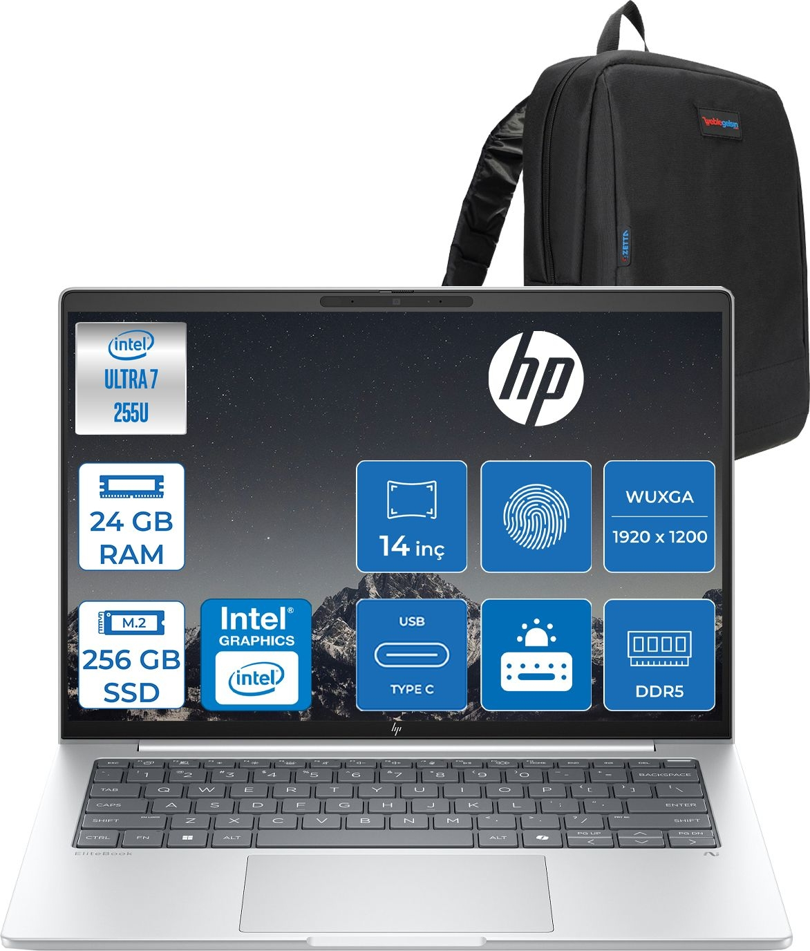 Intel Ultra 7, 24 GB RAM, 256 GB SSD'li gümüş HP dizüstü bilgisayar ve siyah sırt çantası.