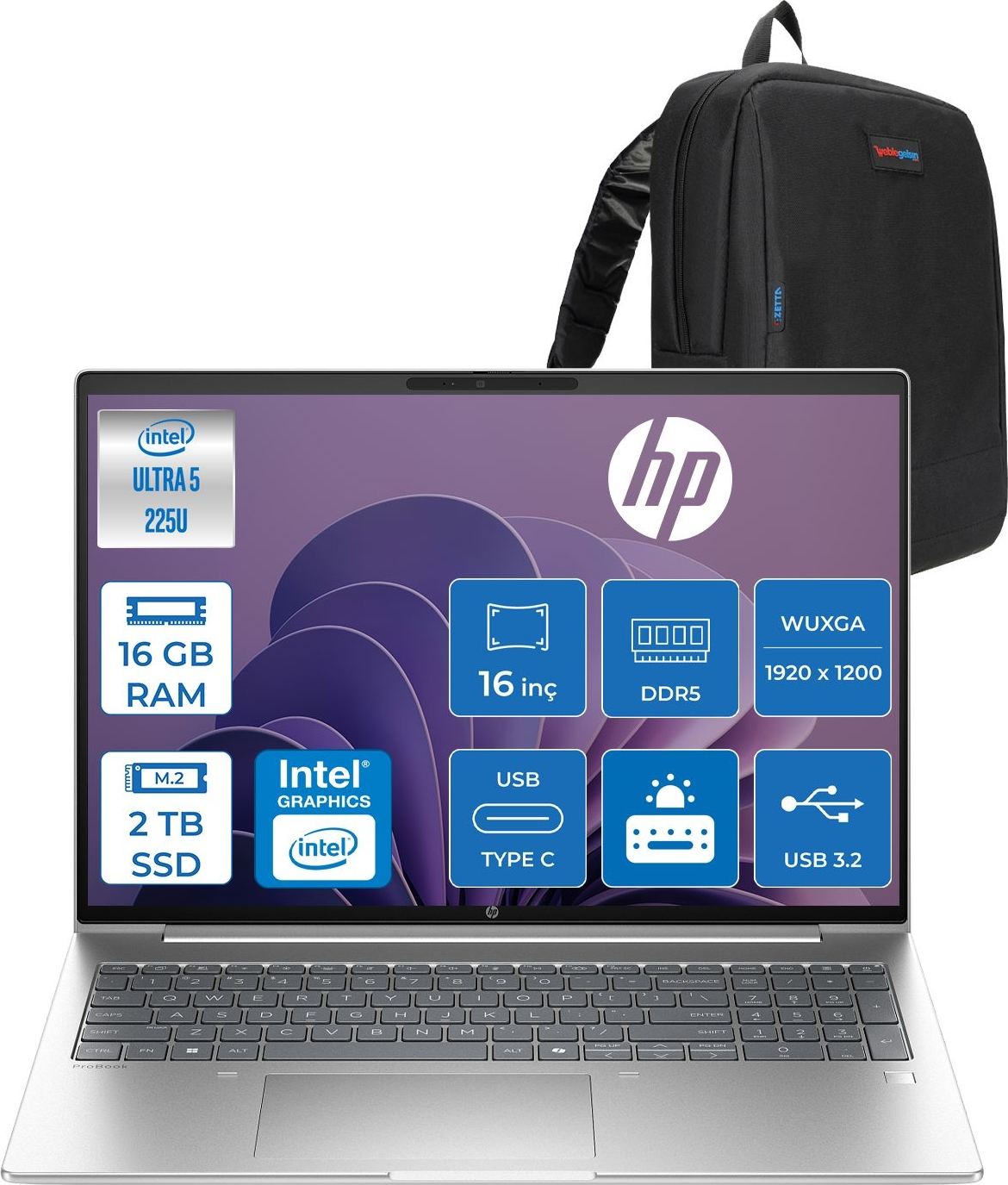 HP ProBook 4 G1I DDR5 Intel Grafik GPU D29QHETF04 Intel Core Ultra 5 225U 16 GB RAM 2 TB SSD 16 inç FreeDOS Laptop+Çanta Siyah