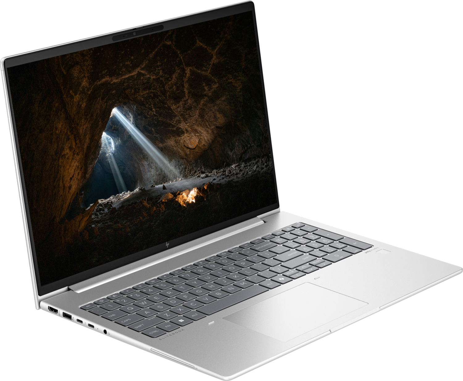Gümüş renkli HP Elitebook dizüstü bilgisayar açık, ekranda ışık huzmeleriyle bir mağara manzarası.