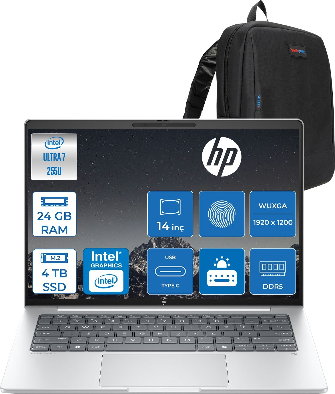 HP EliteBook 8 G1I 1920 x 1200 300 Nits CS7R0ETF10 Intel Core Ultra 7 255U 24 GB RAM 4 TB SSD 14 inç FreeDOS Laptop+Çanta Siyah