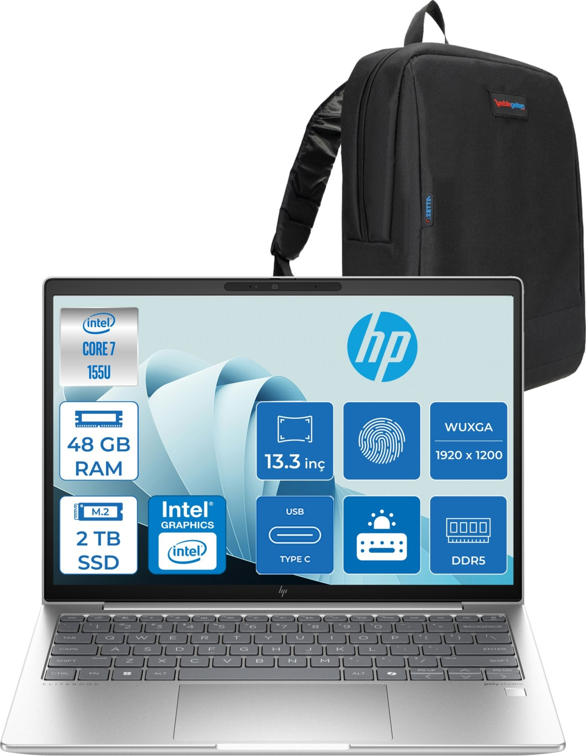 HP EliteBook 630 G11 WolfPro WUXGA 99C0F2EA19 Intel Core Ultra 7 155U 48 GB RAM 2 TB SSD 13,3 inç FreeDOS Laptop+Çanta Siyah