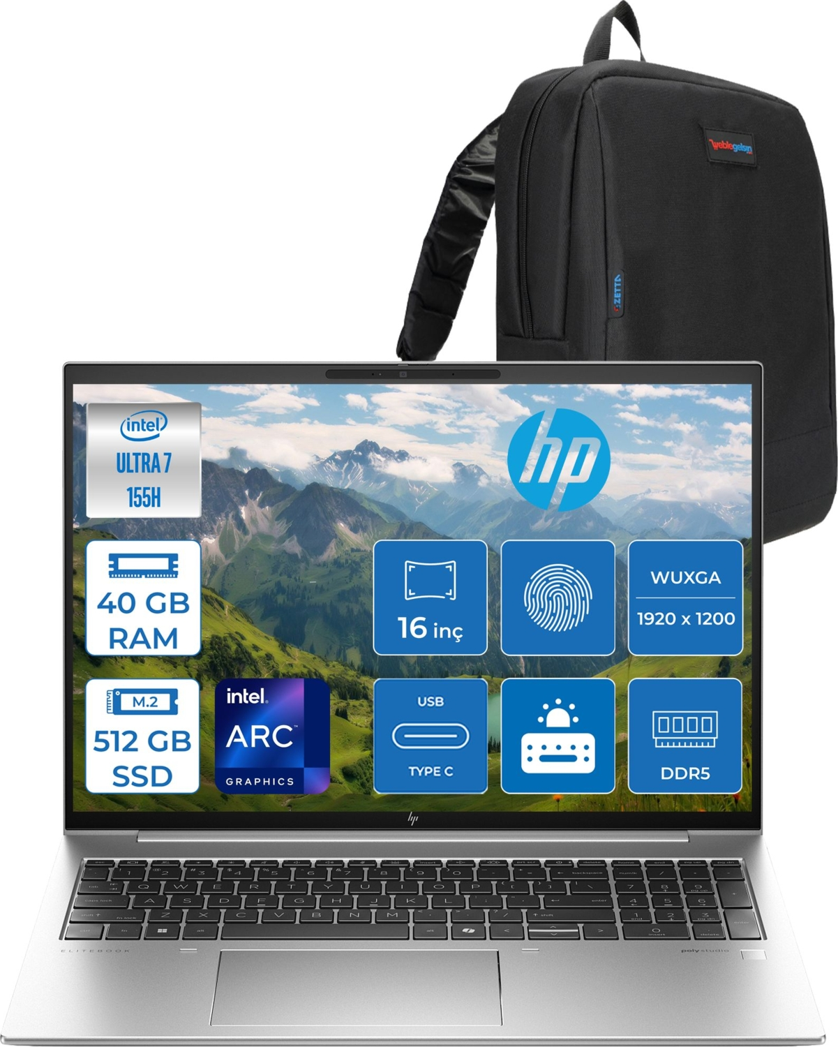 HP EliteBook 860 G11 WolfPro WUXGA 9970P1ET13 Intel Core Ultra 7 155H 40 GB RAM 512 GB SSD 16 inç FreeDOS Laptop+Çanta Siyah