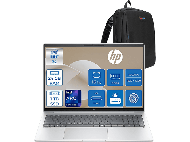 HP EliteBook 8 G1I Intel ARC 140T AD3T0ETF03 Intel Core Ultra 7 255H 24 GB RAM 1 TB SSD 16 inç FreeDOS Laptop+Çanta Siyah