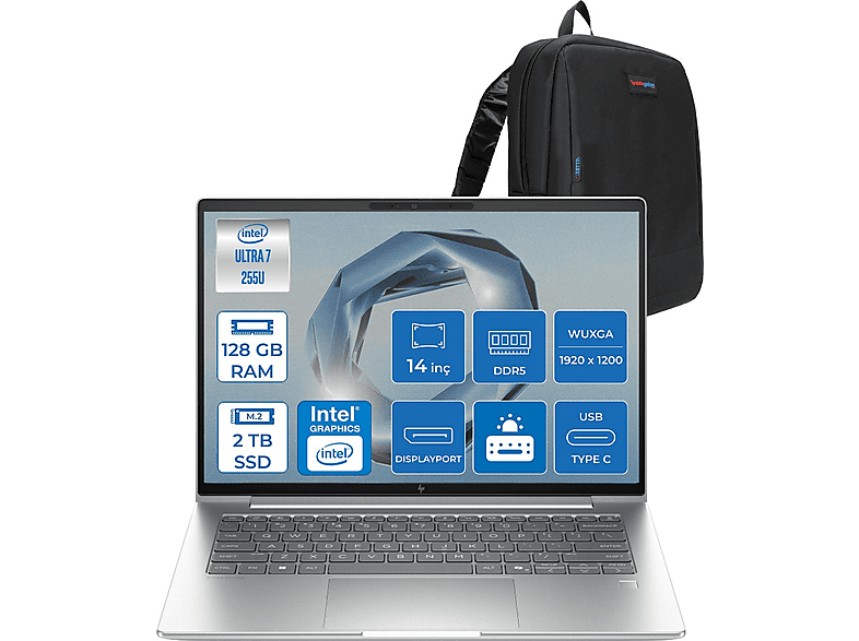 HP EliteBook 6 G1I 1920 x 1200 C9XW2ETF34 Intel Core Ultra 7 255U 128 GB RAM 2 TB SSD 14 inç FreeDOS Laptop+Çanta Siyah