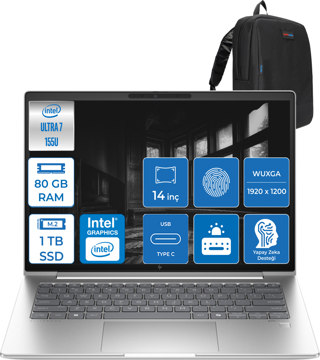 HP EliteBook 640 G11 DDR5 FHD 400NIT WUXGA HA23E2EA21 Intel Core Ultra 7 155U 80 GB RAM 1 TB SSD 14 inç FreeDOS Laptop+Çanta Gümüş