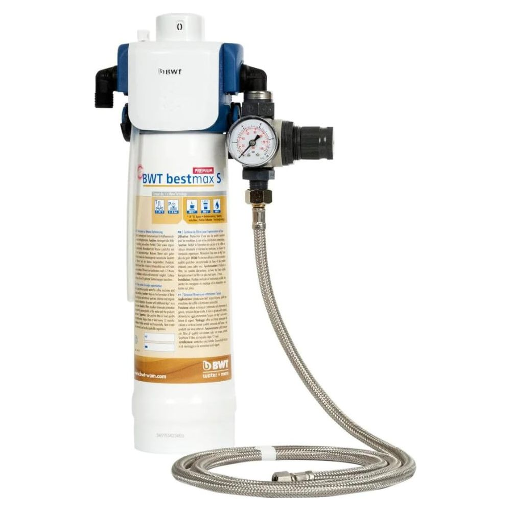 BWT Wasserfilter mit Manometer und geflochtenem Schlauch, weiß und blau