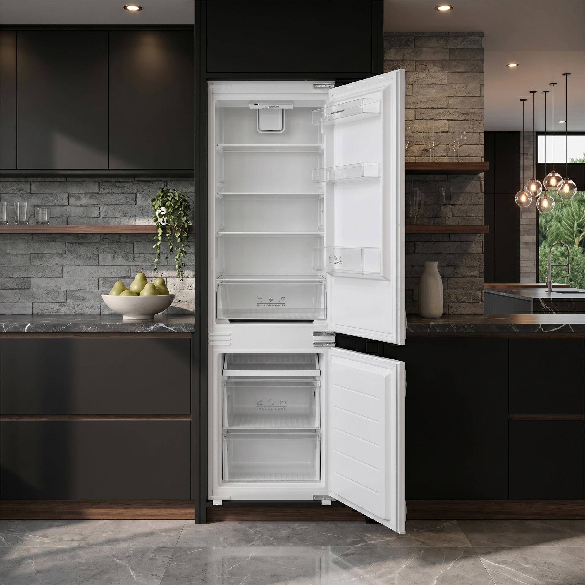 Open witte koelkast met planken en lades in een moderne keuken.