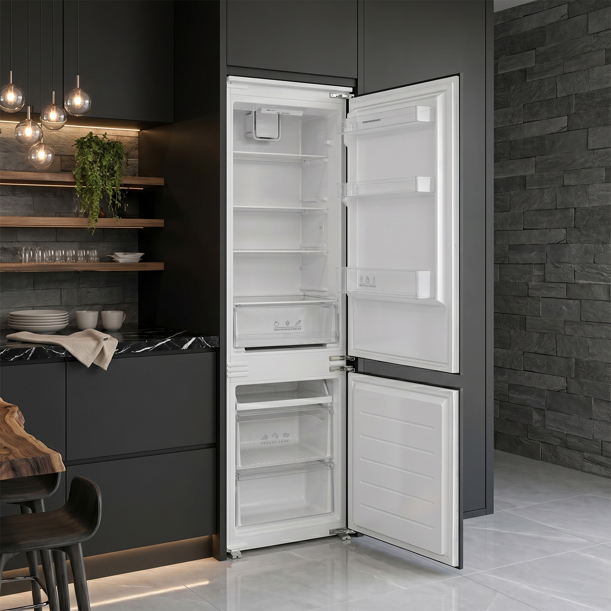 Een lege witte koelkast met de deur open in een moderne keuken met zwarte kasten.