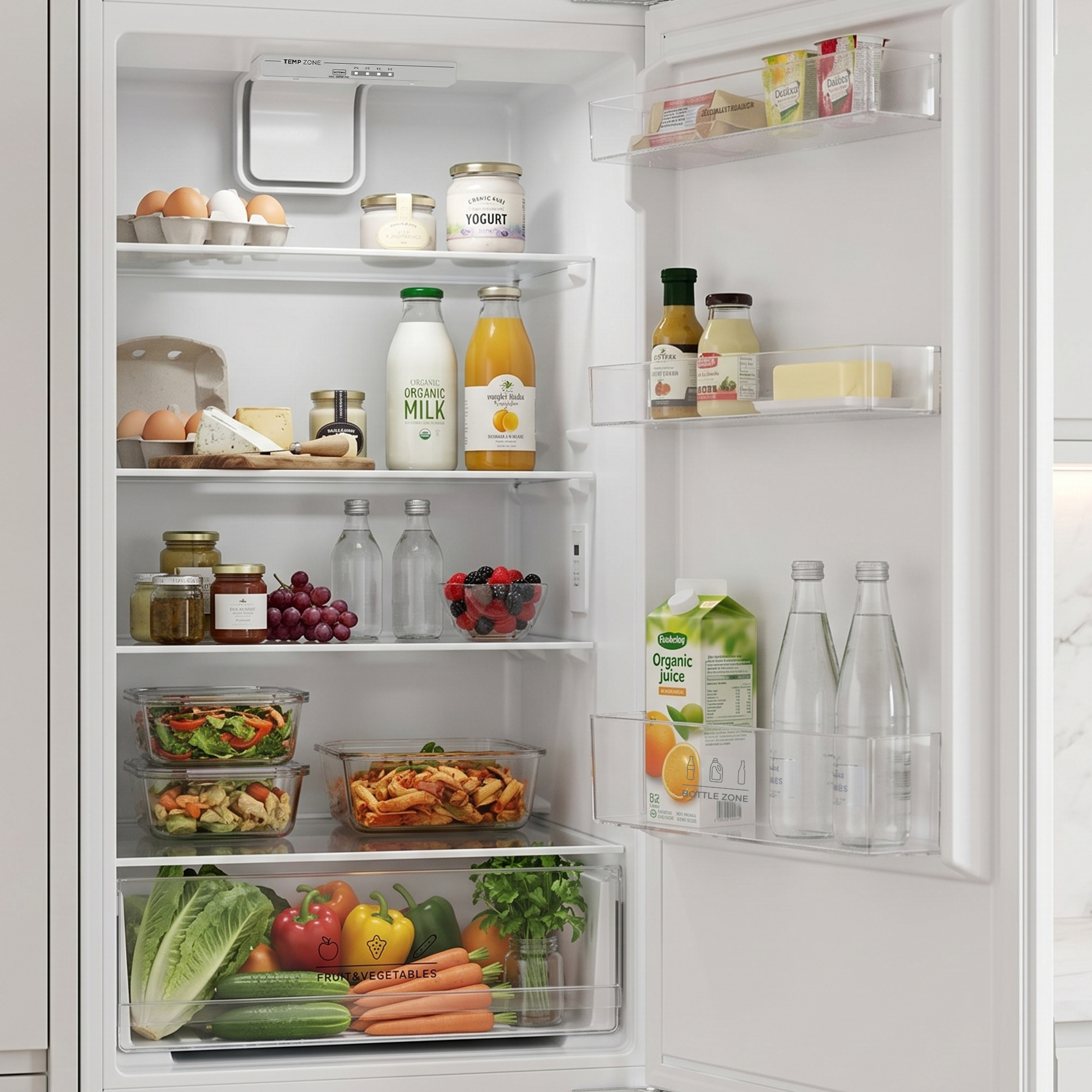 Een volle koelkast met eieren, yoghurt, melk, sap, kaas, fruit en groenten.