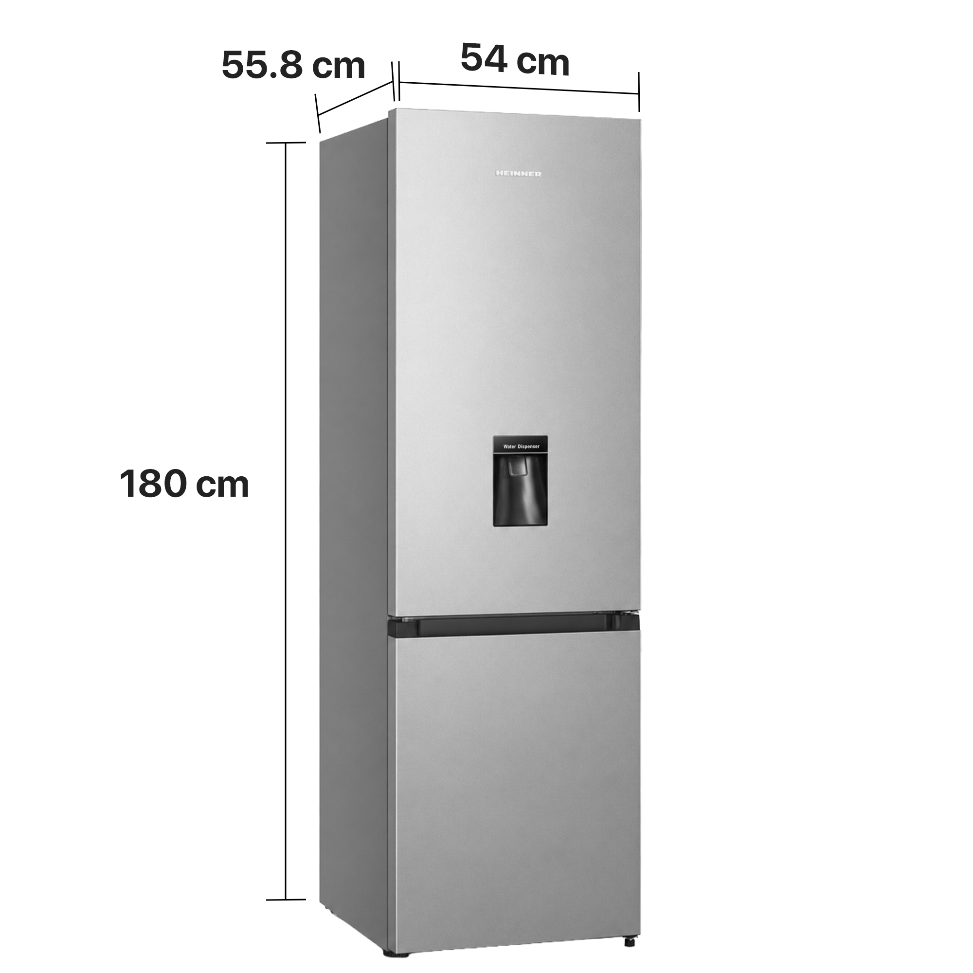 Ein silberner Kühlschrank mit Wasserspender, 180 cm hoch.
