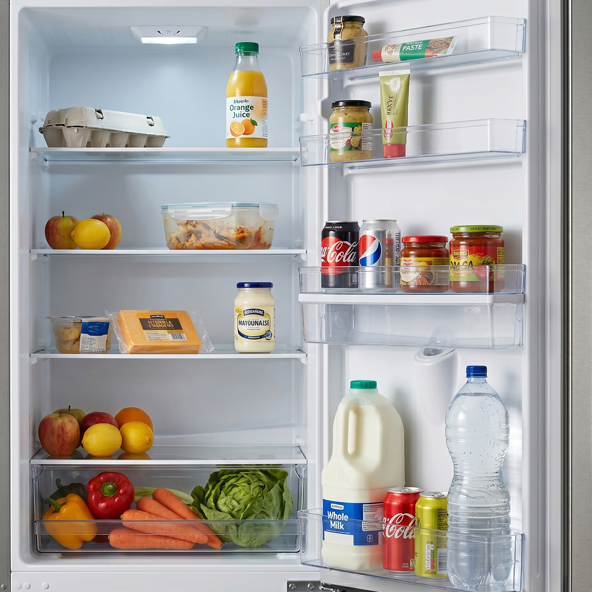 Gefüllter Kühlschrank mit Lebensmitteln, darunter Saft, Obst, Gemüse, Milch und Getränke.