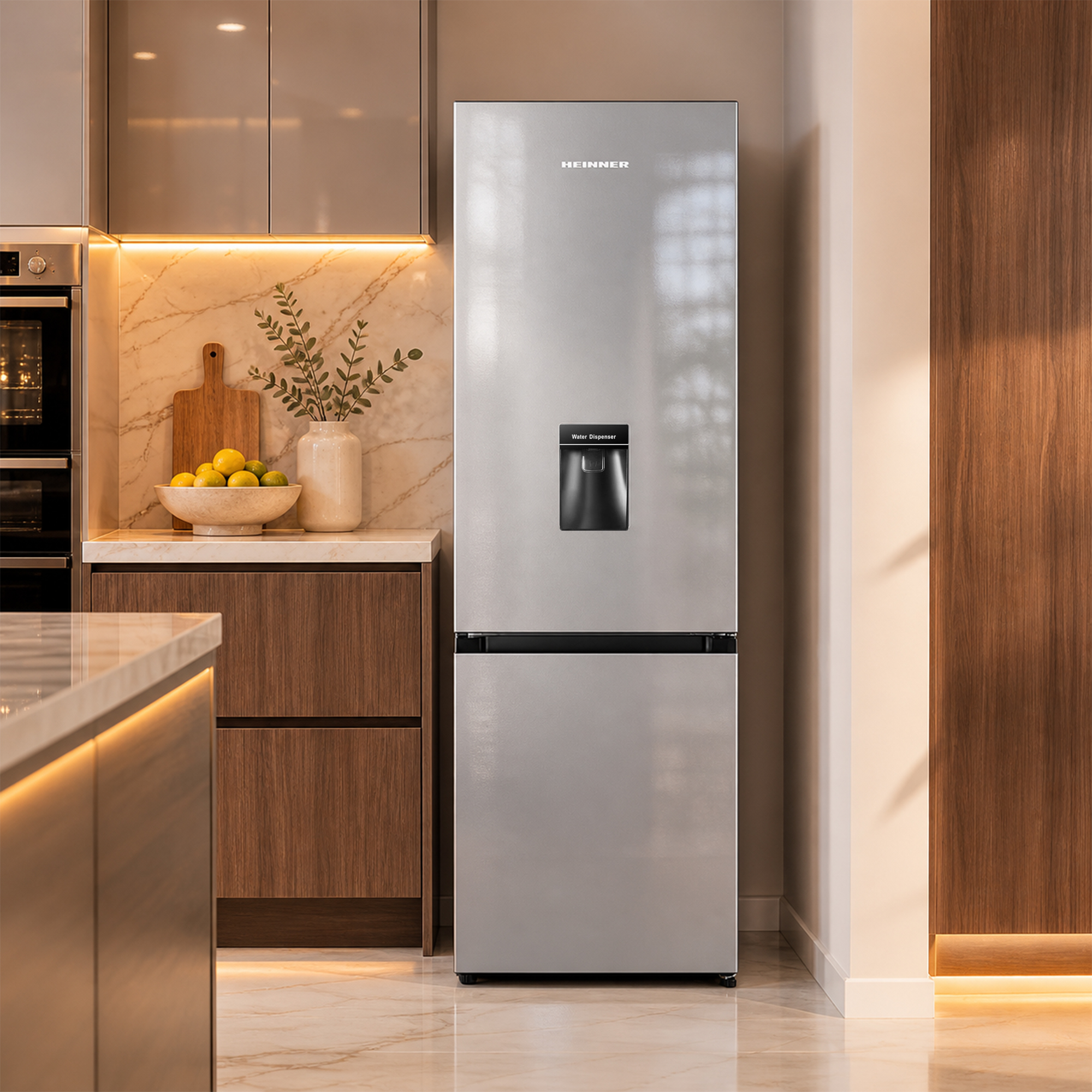Eine moderne Küche mit einem silbernen Kühlschrank, Marmor-Rückwand und Holzschränken.