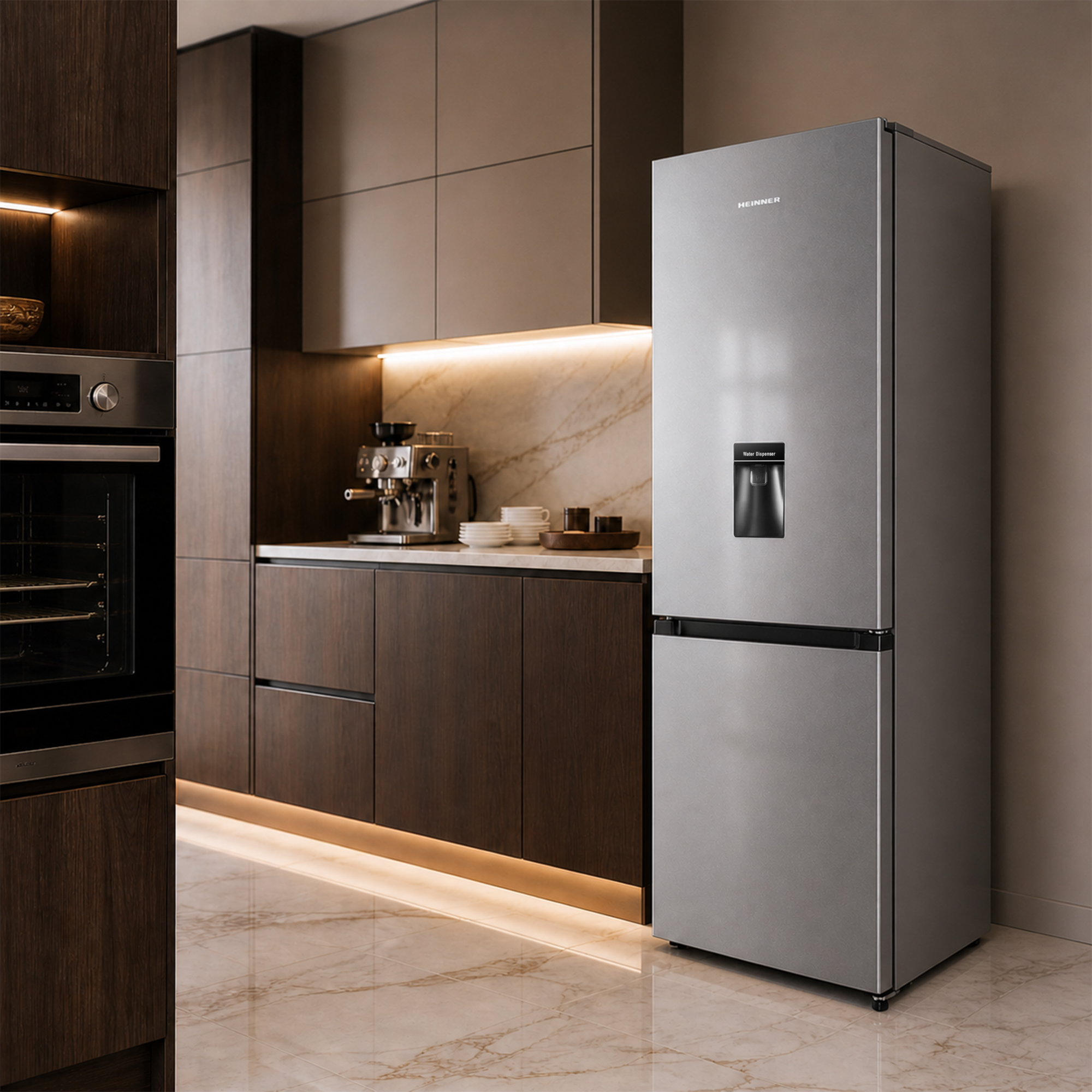 Moderne Küche mit silbernem Kühlschrank, eingebautem Ofen, Espressomaschine und Holzküchenschränken.