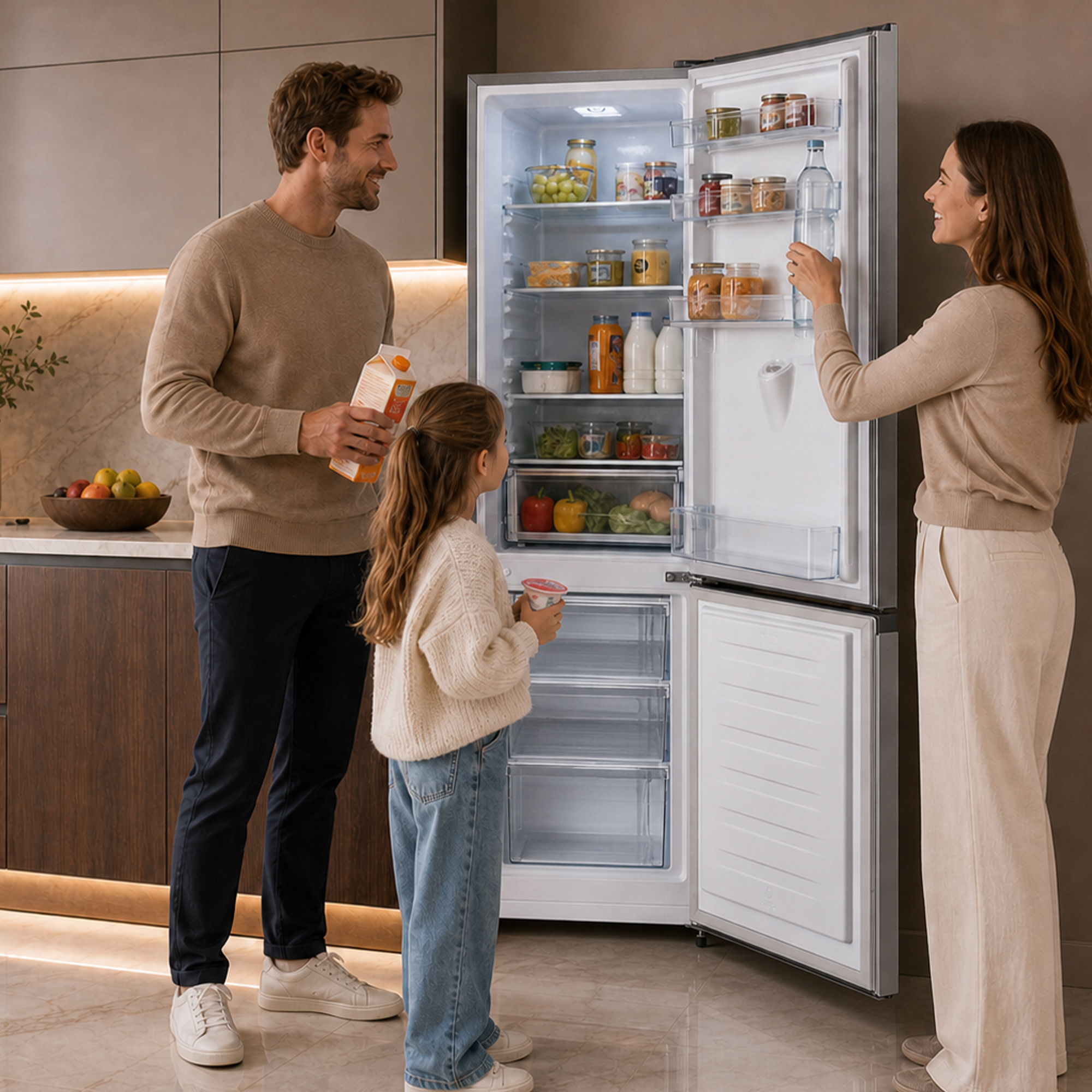 Familie vor offenem Kühlschrank, Mann hält Saft, Frau nimmt Wasser, Kind hält Joghurt.