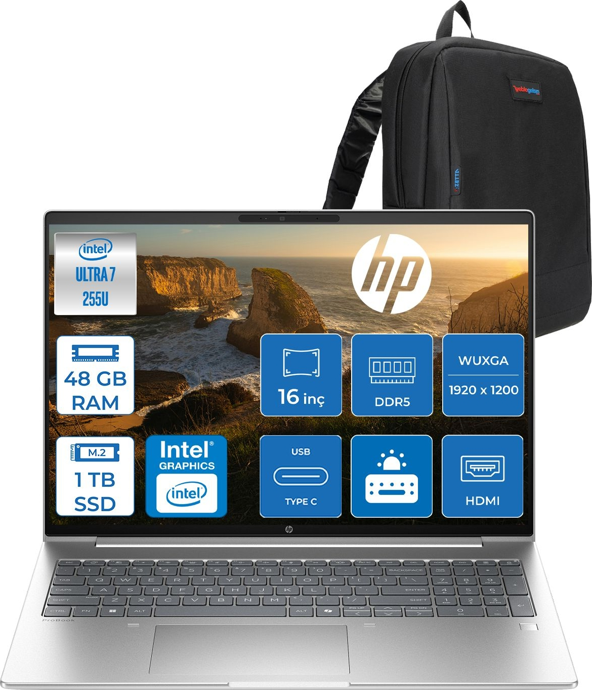 HP ProBook 4 G1I AI 1920x1200 300nits C9FY2ETF13 Intel Core Ultra 7 255U 48 GB RAM 1 TB SSD 16 inç FreeDOS Laptop+Çanta Siyah