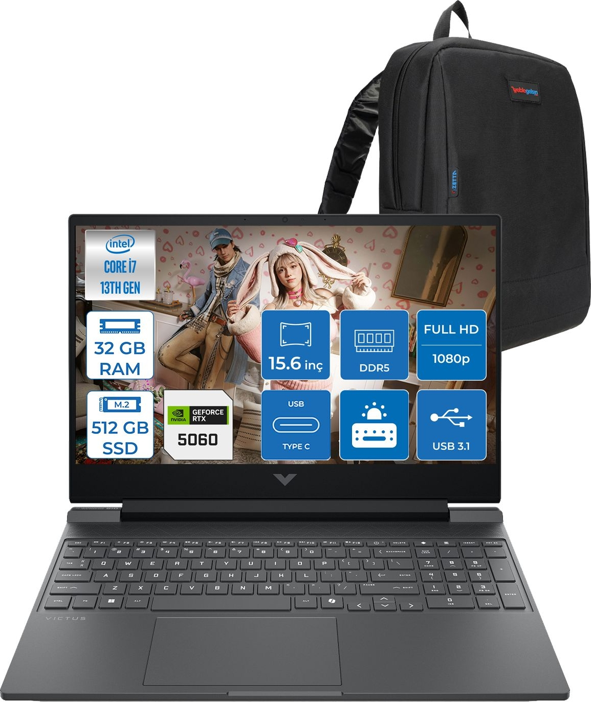 15,6 inç ekranlı, Intel Core i7, 32 GB RAM, 512 GB SSD'li siyah dizüstü bilgisayar ve siyah sırt çantası.