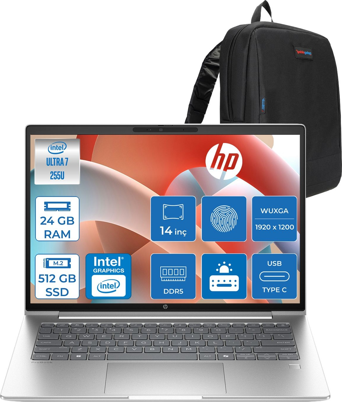 HP ProBook 4 G1I Intel Grafik 1920x1200 D21PDETF07 Intel Core Ultra 7 255U 24 GB RAM 512 GB SSD 14 inç FreeDOS Laptop+Çanta Siyah