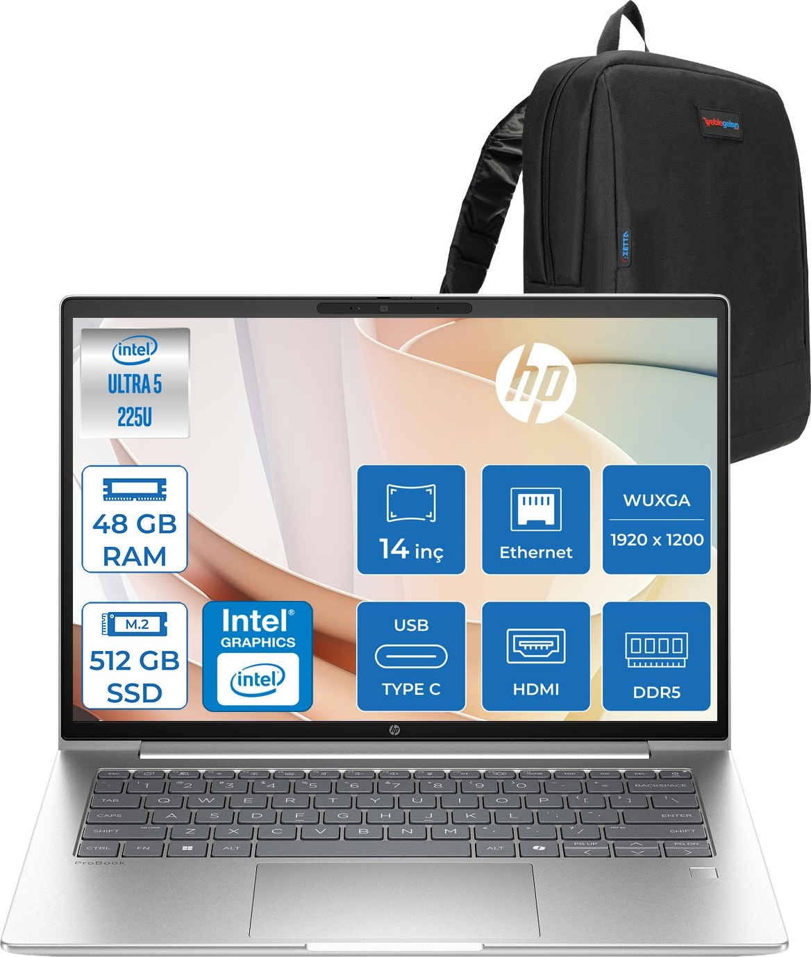HP ProBook 4 G1I Intel Grafik 1920x1200 D21PFETF17 Intel Core Ultra 5 225U 48 GB RAM 512 GB SSD 14 inç FreeDOS Laptop+Çanta Siyah