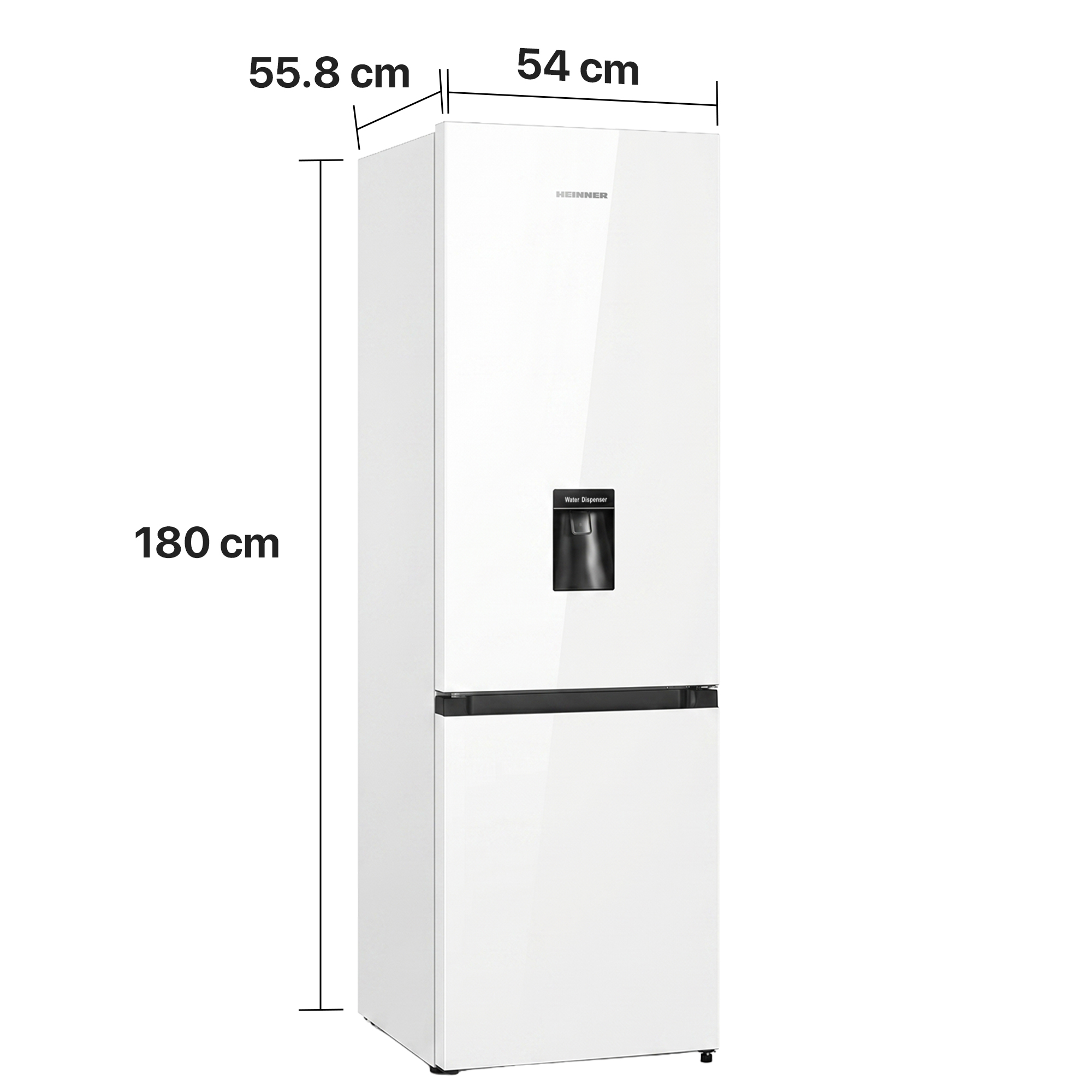 Een witte koelkast met waterdispenser, 180 cm hoog.
