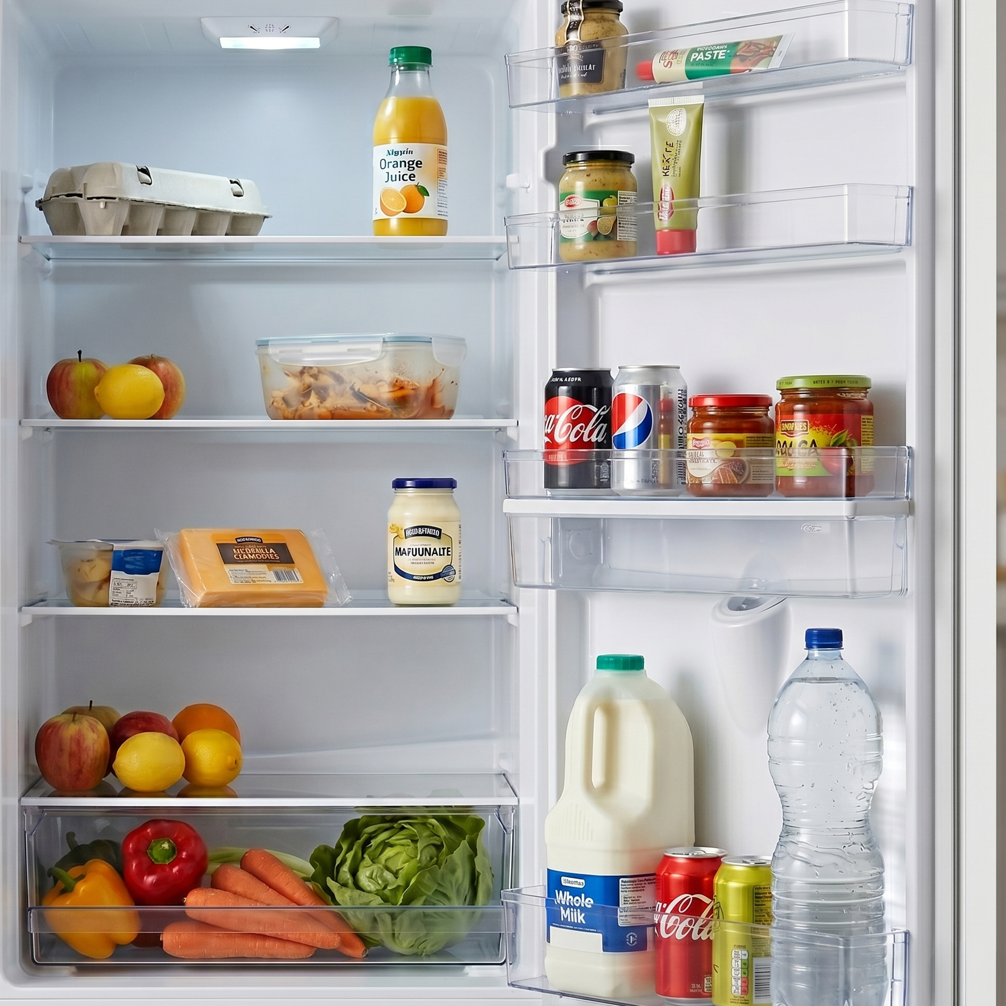 Koelkast interieur met sap, fruit, groenten, melk, water, blikjes en potten.