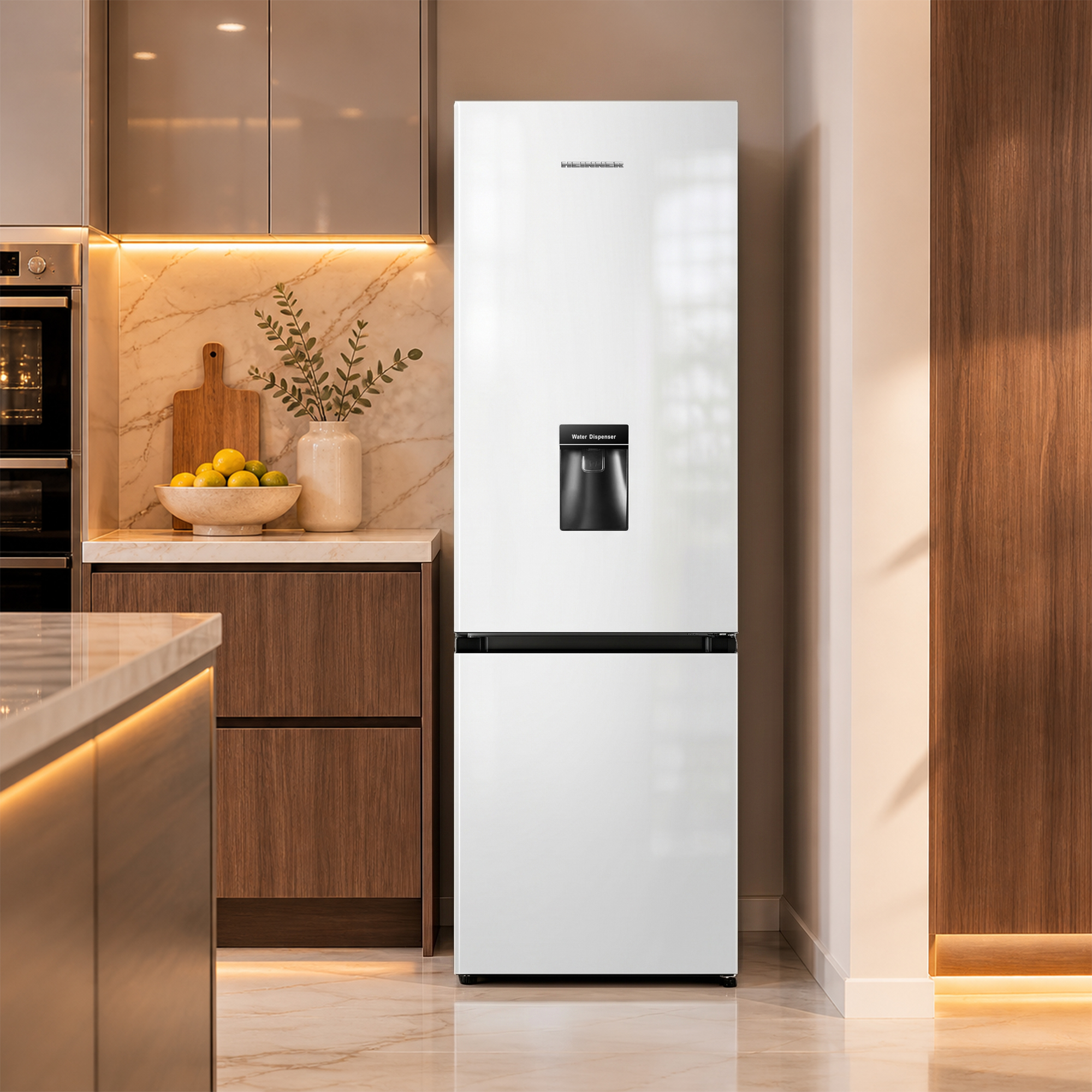 Een witte koelkast met waterdispenser staat in een moderne keuken naast houten kasten.