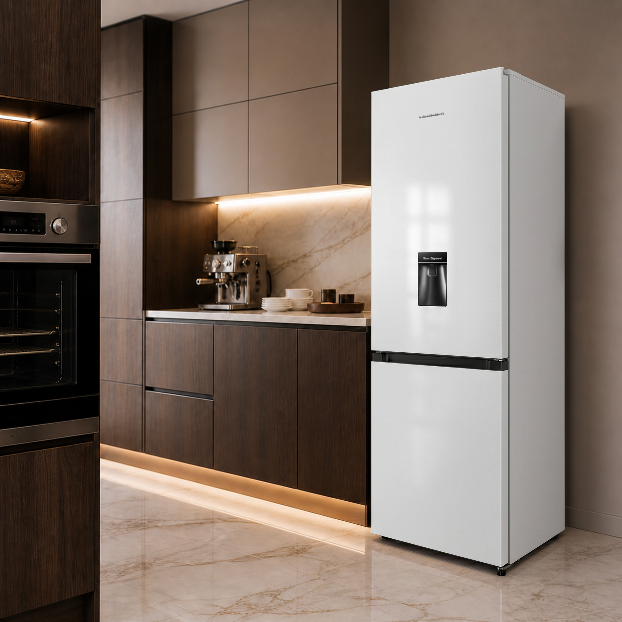 Witte koelkast met waterdispenser in moderne keuken met donkere houten kasten.