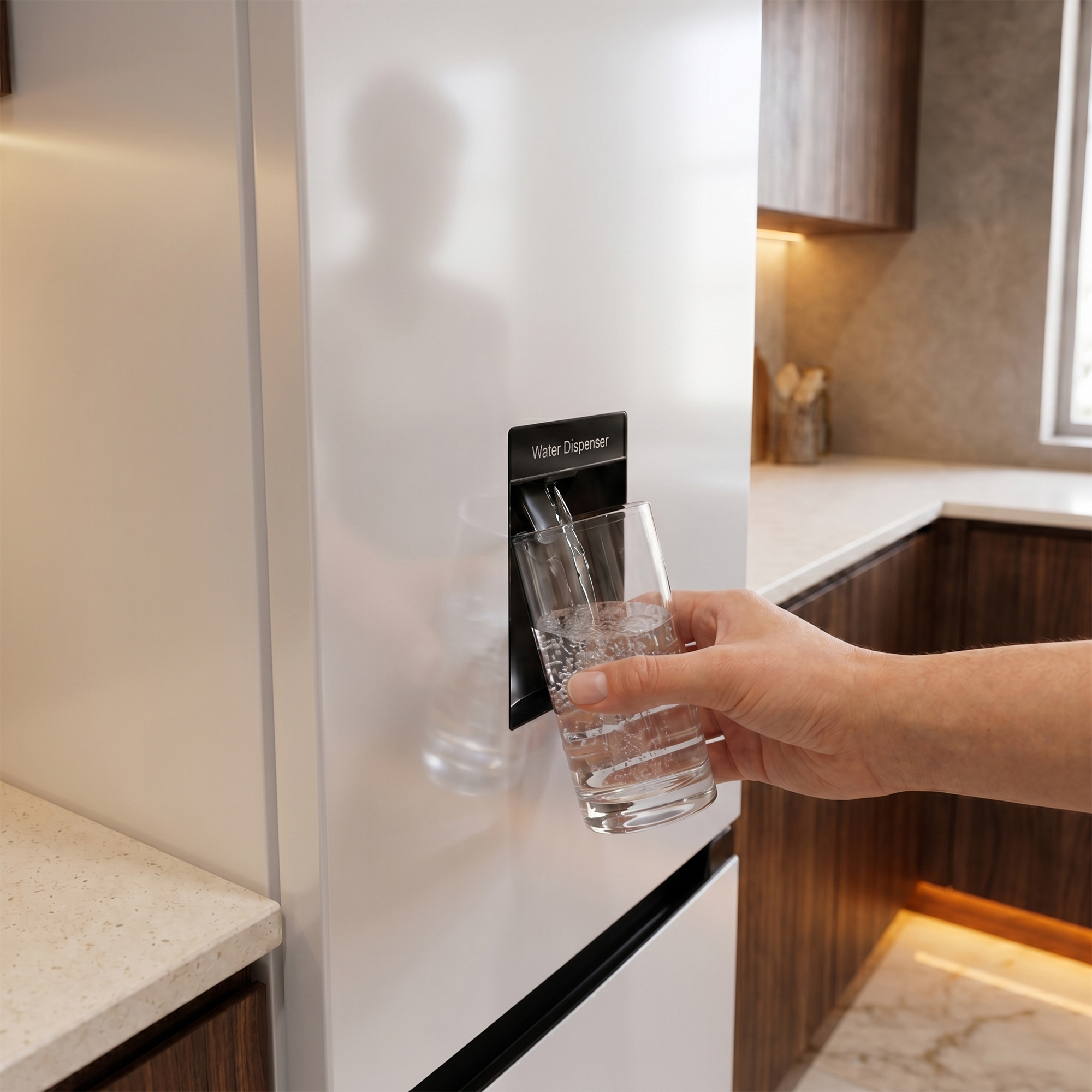 Een hand vult een glas met water uit een dispenser op een koelkast.