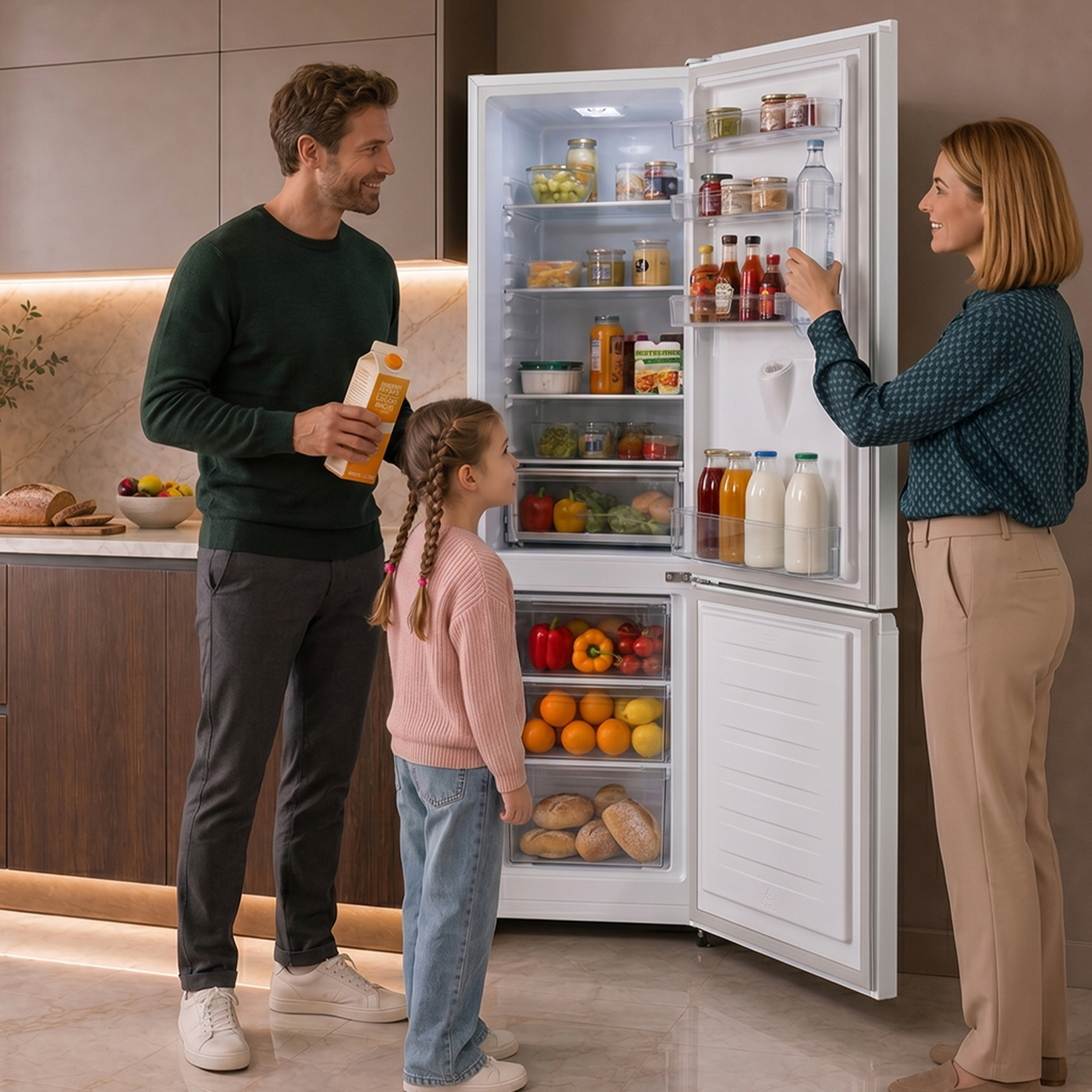 Familie staat voor een open koelkast gevuld met eten en drinken.