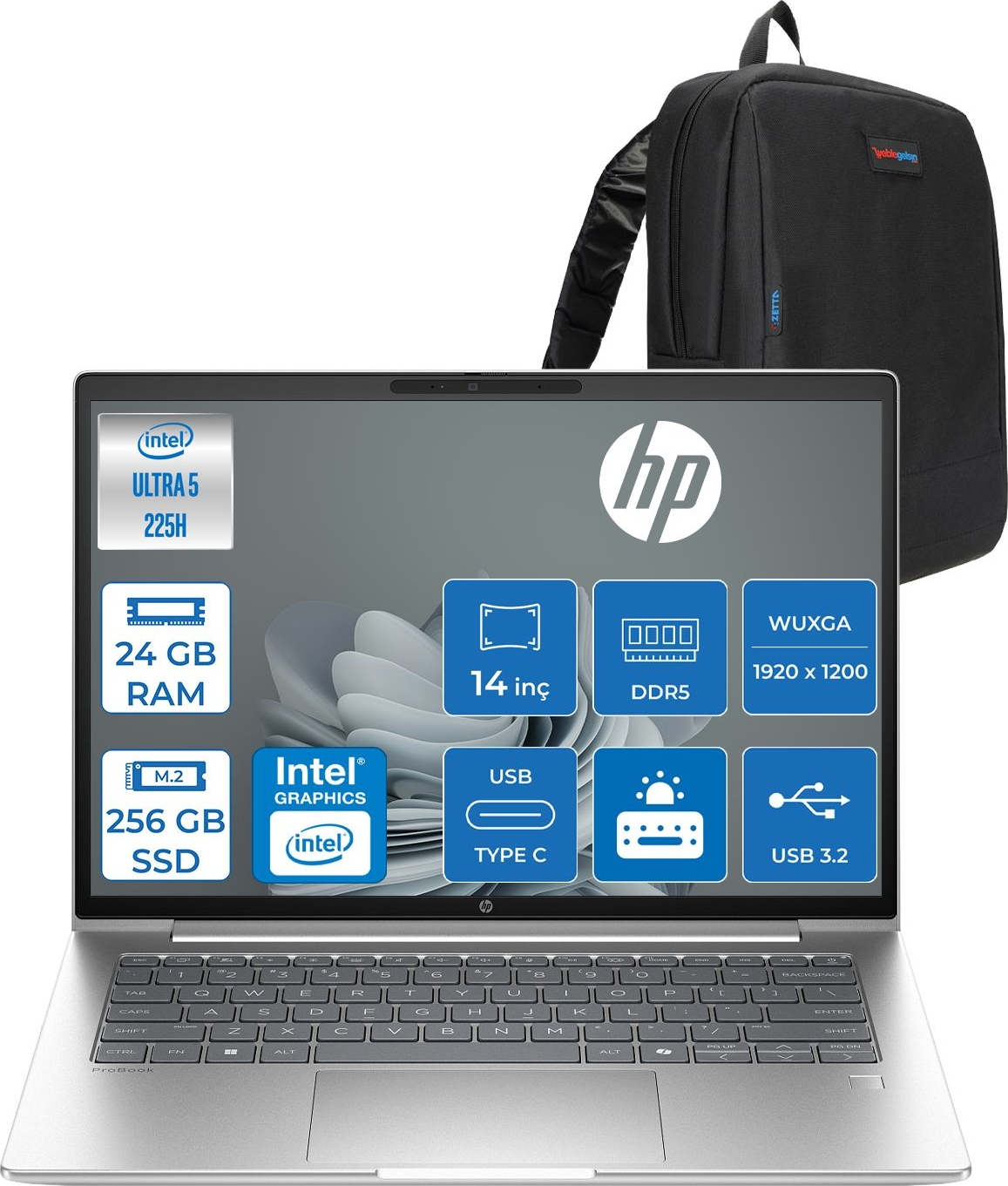HP ProBook 4 G1I Intel ARC 130T 1920x1200 D29QJETF06 Intel Core Ultra 5 225H 24 GB RAM 256 GB SSD 14 inç FreeDOS Laptop+Çanta Siyah