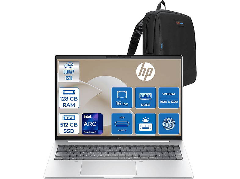 HP EliteBook 8 G1I Intel ARC 140T AD3T0ETF32 Intel Core Ultra 7 255H 128 GB RAM 512 GB SSD 16 inç FreeDOS Laptop+Çanta Siyah