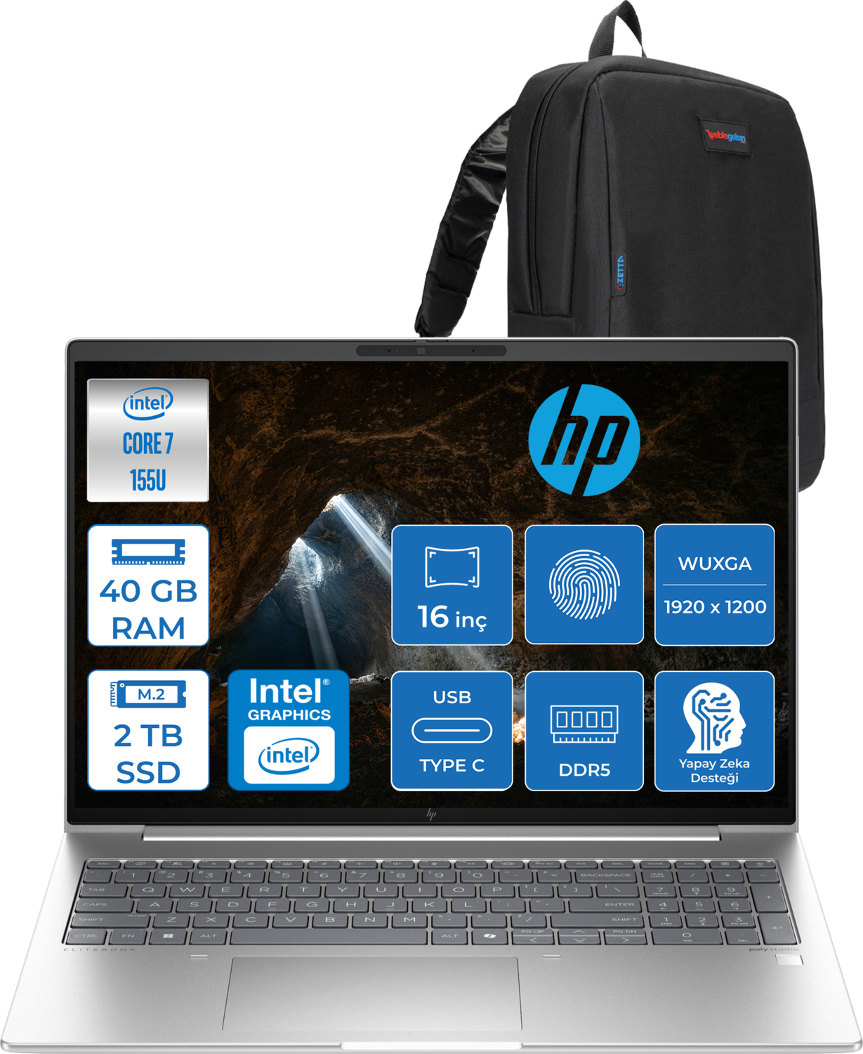 HP EliteBook 660 G11 DDR5 WUXGA 300NITS IPS 9C004EAF15 Intel Core Ultra 7 155U 40 GB RAM 2 TB SSD 16 inç FreeDOS Laptop+Çanta Gümüş
