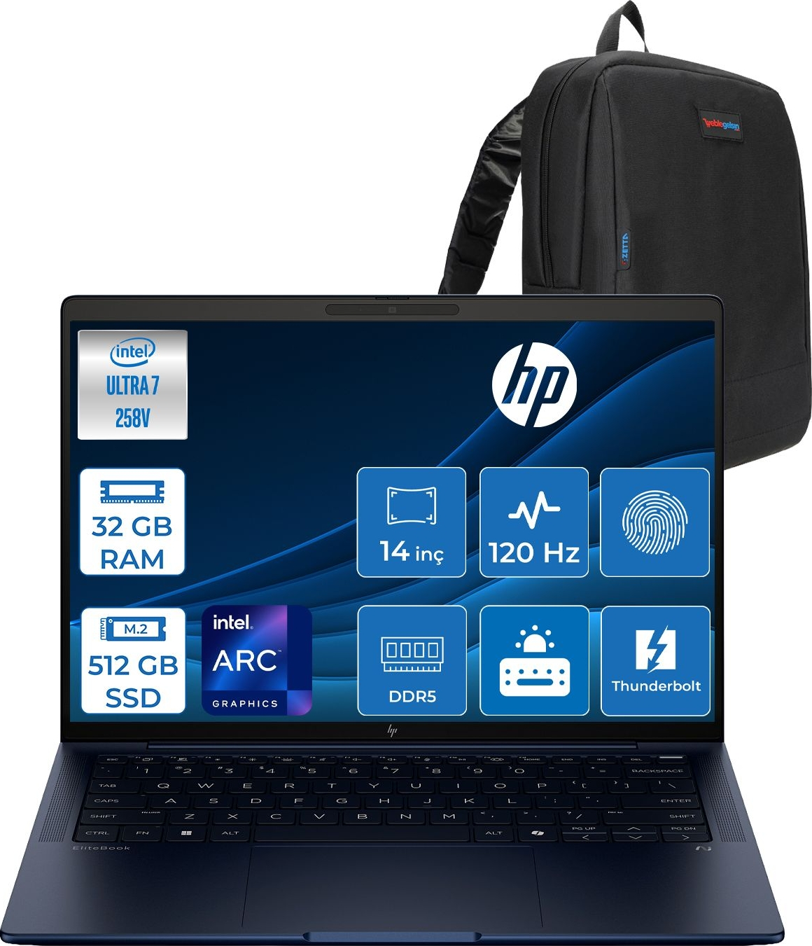 Intel Ultra 7 işlemcili koyu renk HP dizüstü bilgisayar ve çanta. Ekranda özellikler.