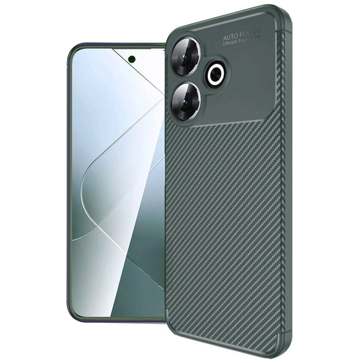 Karbon fiber benzeri kılıflı ve iki kameralı koyu renkli bir akıllı telefon.