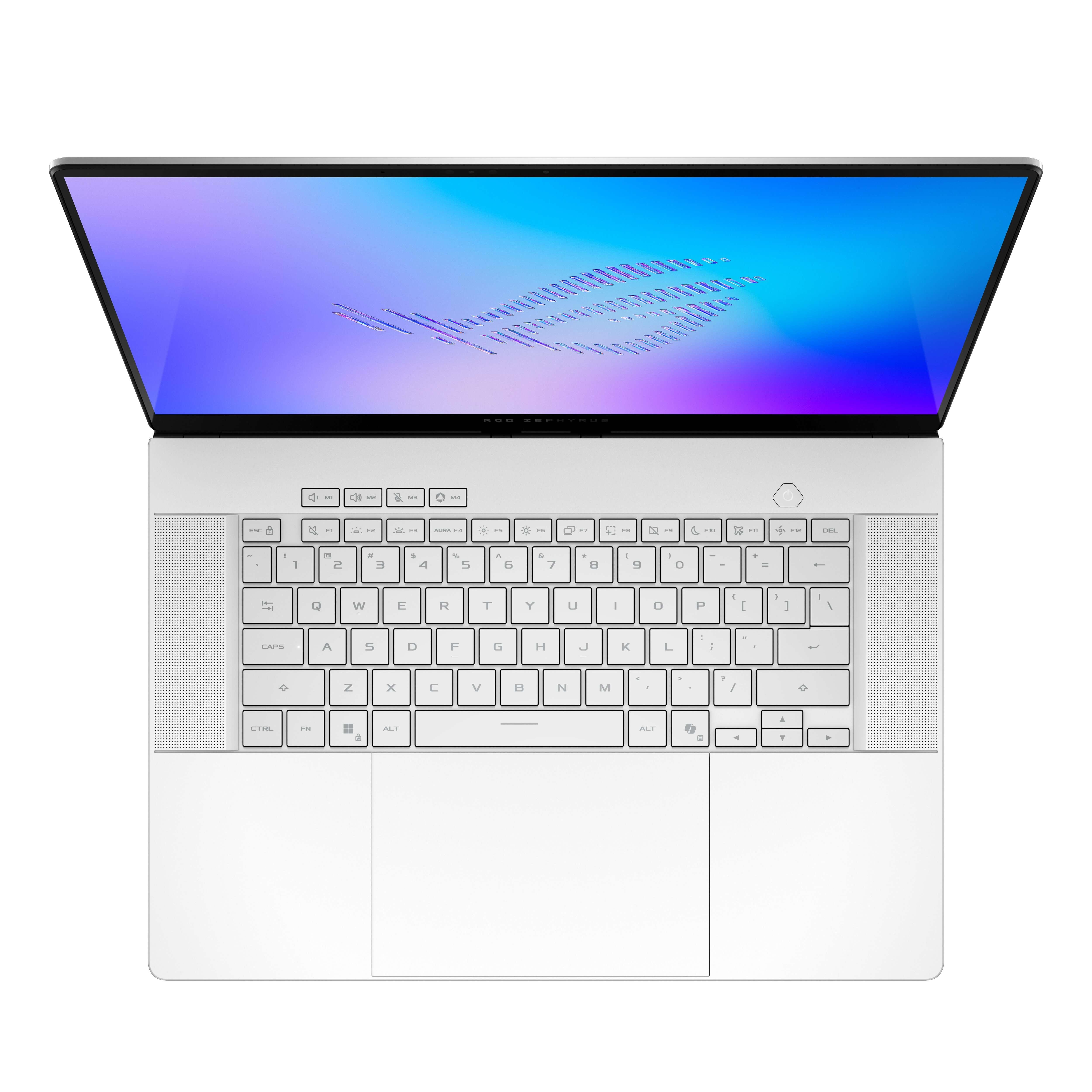 Beyaz bir ASUS ROG Zephyrus dizüstü bilgisayar, açık ve üstten görünüm. Ekranında mavi ve mor soyut duvar kağıdı bulunuyor.