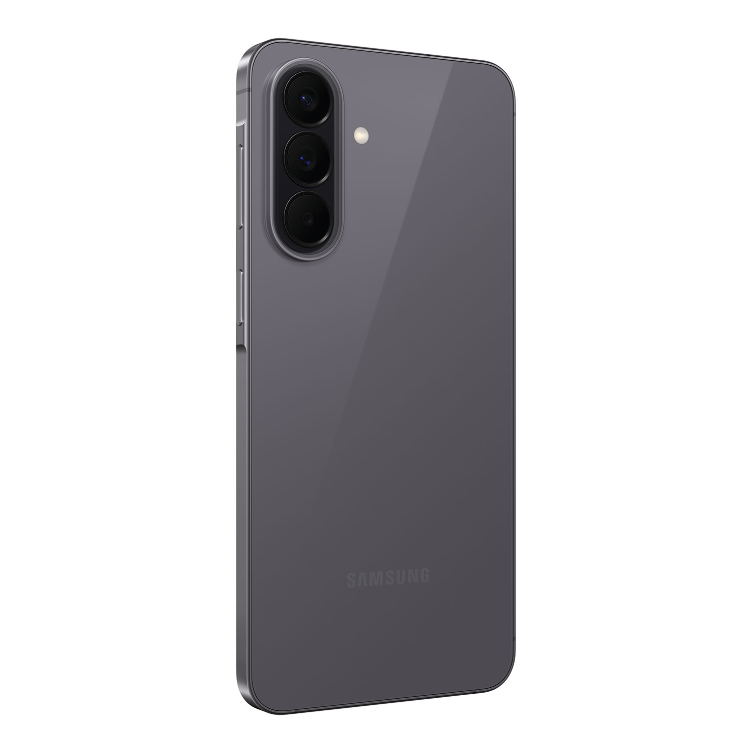Ciemnoszary smartfon Samsung z trzema tylnymi aparatami jest pokazany na białym tle.