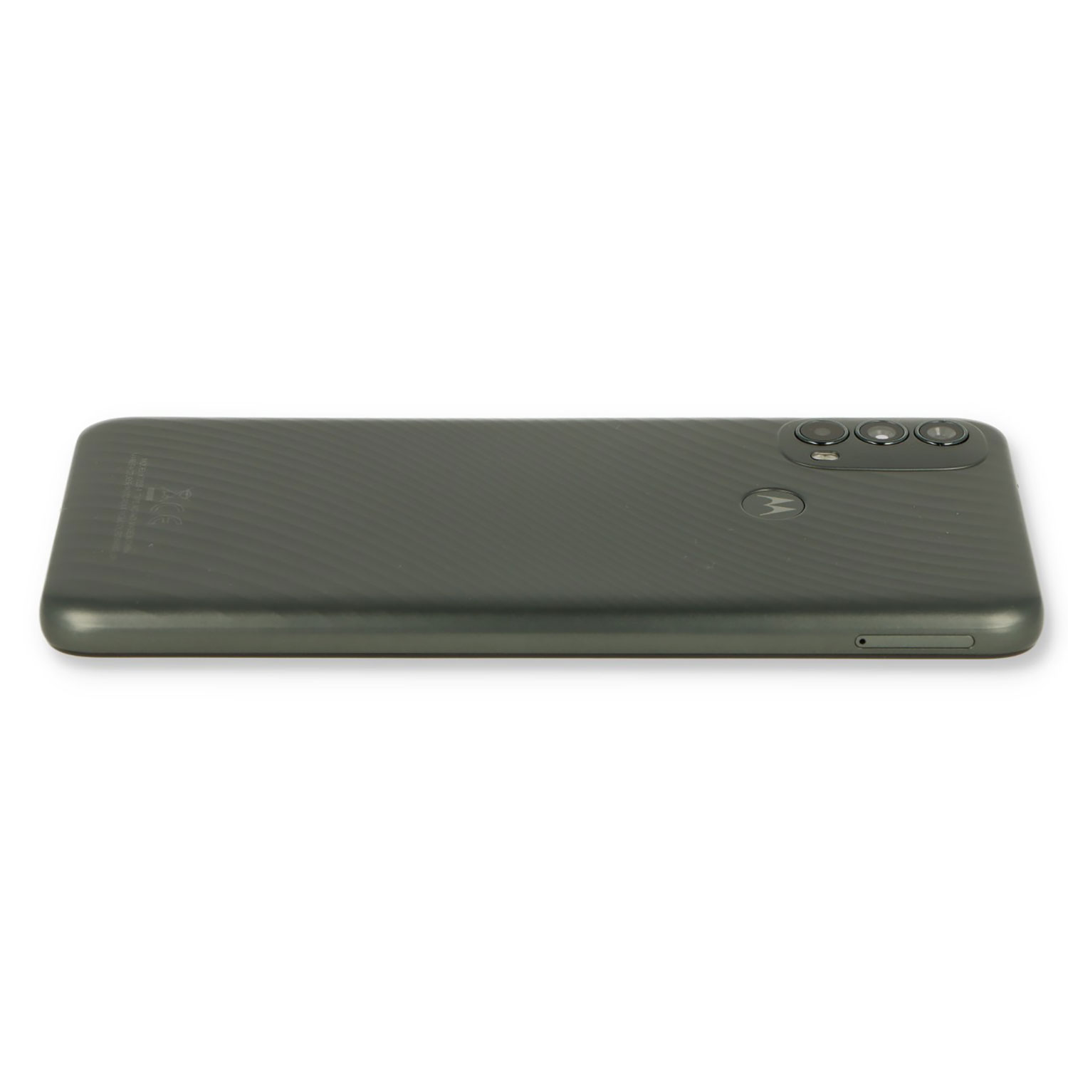 Dunkelgraues Smartphone mit gerillter Rückseite und drei Kameras.