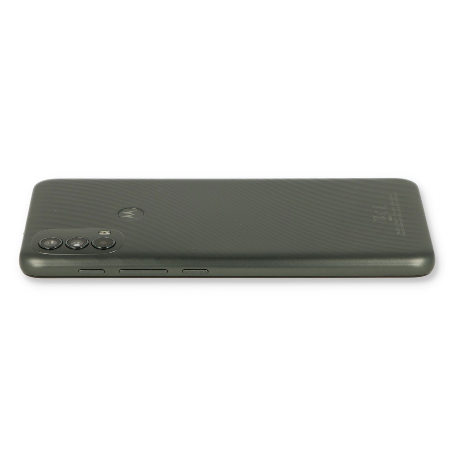 Dunkelgrünes Smartphone mit Kamera und M-Logo auf der Rückseite.