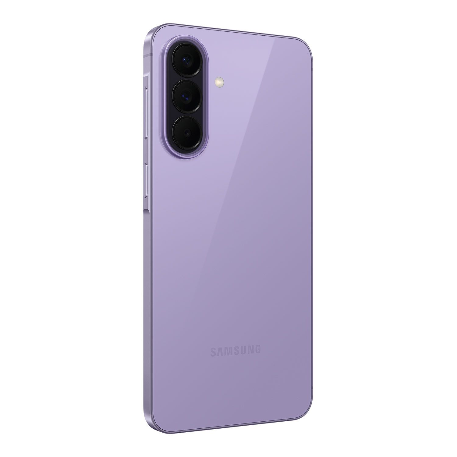 Lila Samsung Smartphone mit dreifacher Kamera, auf weißem Hintergrund.