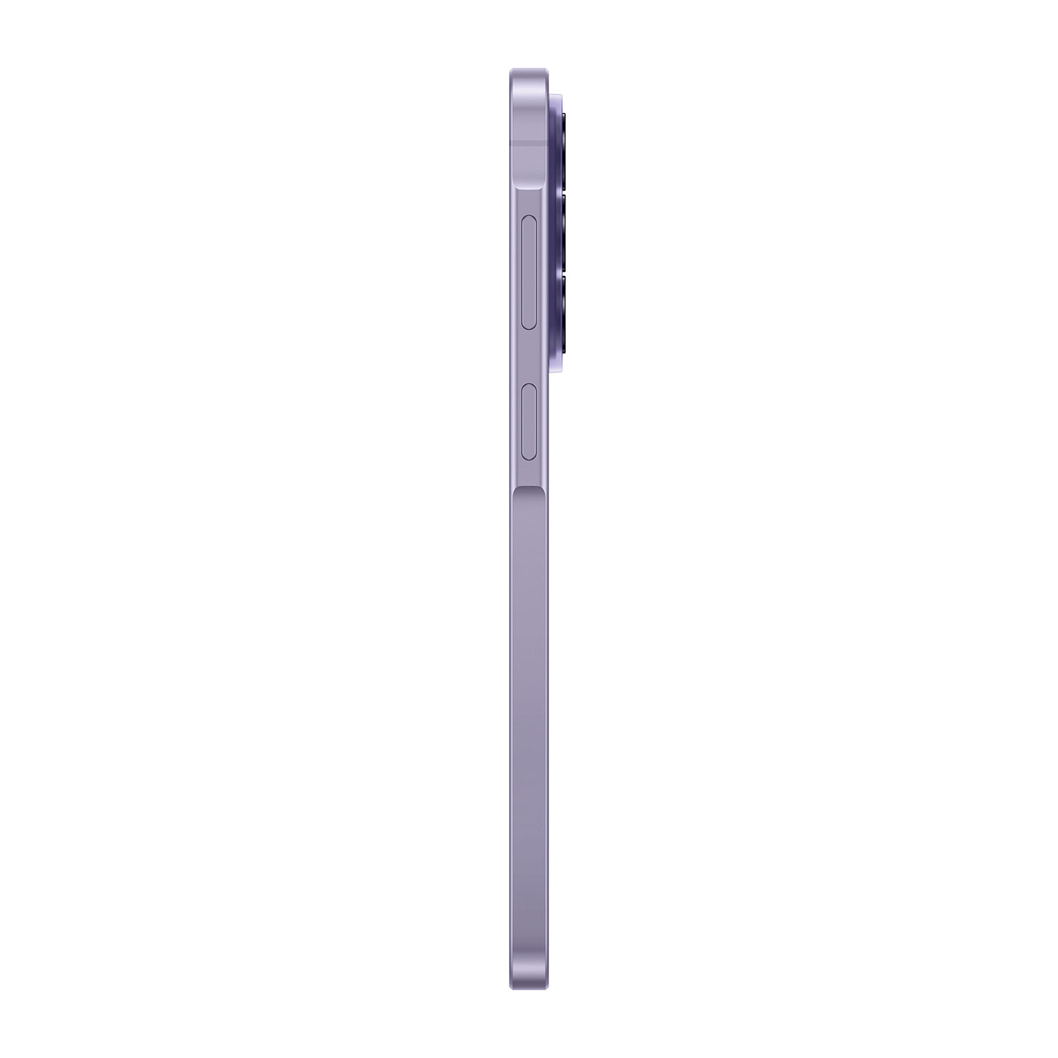 Lila Smartphone von der Seite mit Kamera und Knöpfen auf weißem Hintergrund.