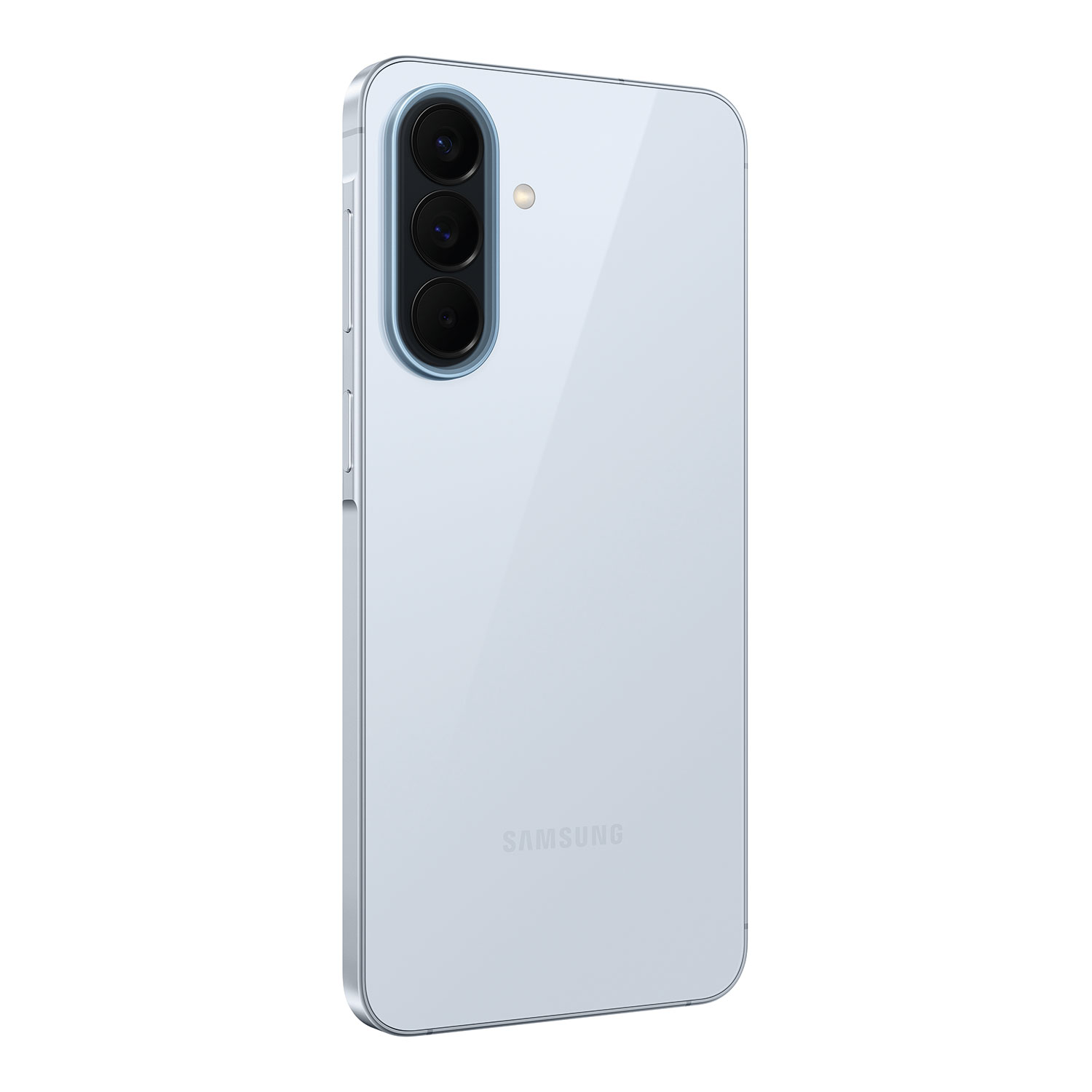 Jasnoniebieski smartfon Samsung z trzema aparatami z tyłu.